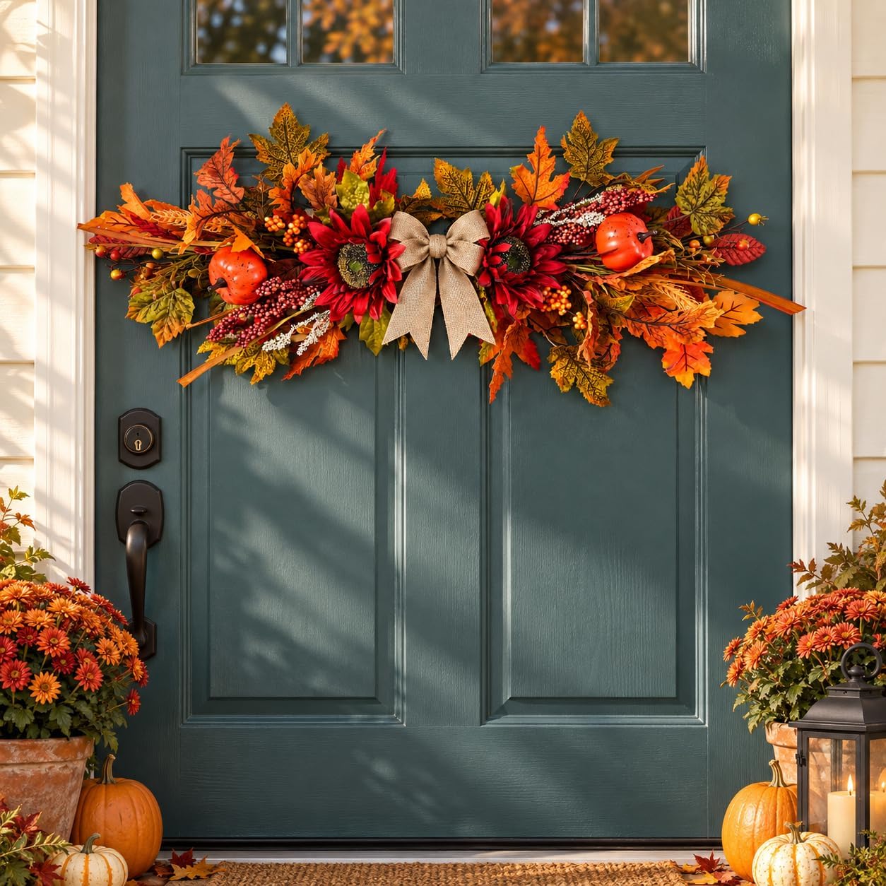 24Inch Artificial Fall Floral Swags Wreaths for Front Door Autumn Sunflower Flowers Pumpkin Berries Maple Leaf Mailbox Swag Thanksgiving Teardrop Swags for Farmhouse Fireplace Window Wall Decor