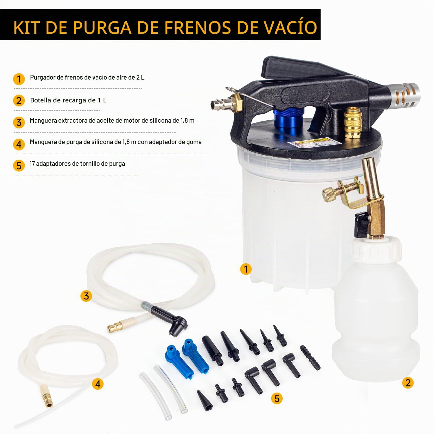 Purgador de Frenos al Vacío 2L Herramienta Neumática de Purga de Líquido de Frenos y Embrague,Extractor de Lquido de Frenos con Botella de Recarga de 1L y Adaptadores