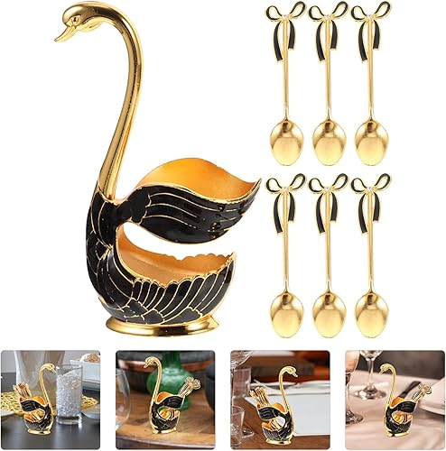 Miniatura 6 de HEMOTON Juego de cucharas de café con soporte de base de cisne, 6 cucharas de postre con organizador, juego de cubiertos para té, helado, pastel,