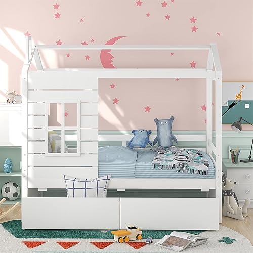 Miniatura 3 de Harper & Bright Designs Cama de casa para niños, sofá cama individual con nido y techo, marco de cama de plataforma de tamaño individual con valla y