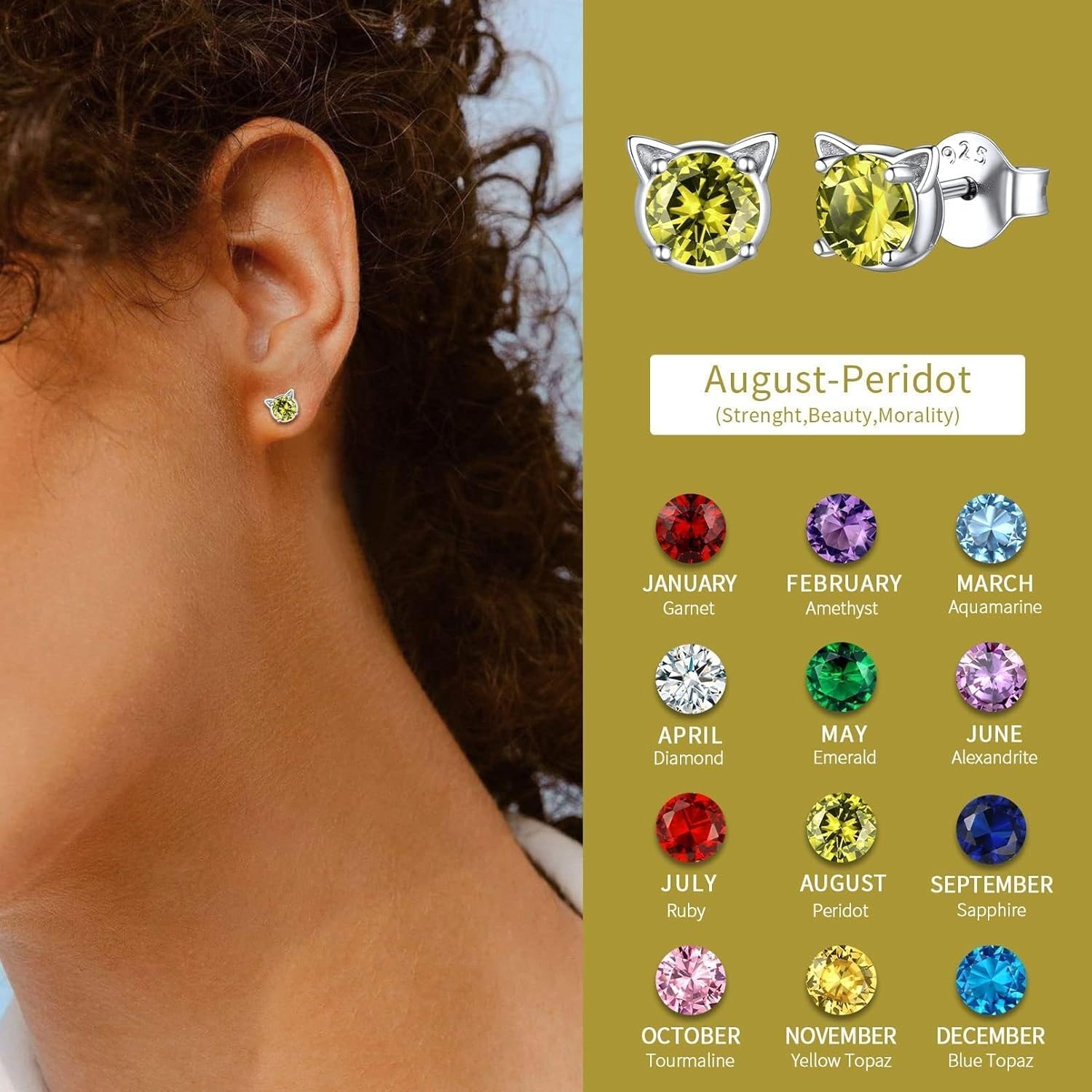 ChicSilver Cute Cat Earrings for Women - Hypoallergenic Sterling Silver Round Birthstone Cat Stud Earrings with Gift Box - Image 8