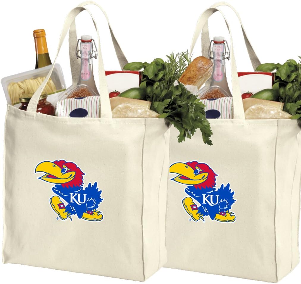 Broad Bay Reusable University of Kansas Shopping Bags or KU Jayhawks Grocery Bag 2Pc SET NATURAL COTTON