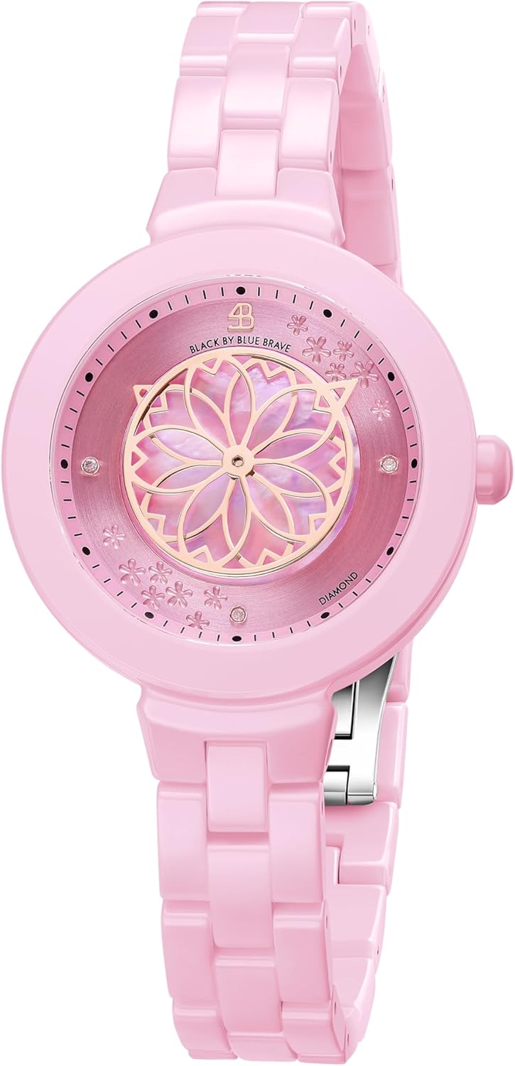 Ceramic Watches for Women Stylish Cherry Blossom Pink Bracelet : 3 Genuine Diamonds, Sakura Petal Hand, 34MM Mother of Pearl Dial Floral