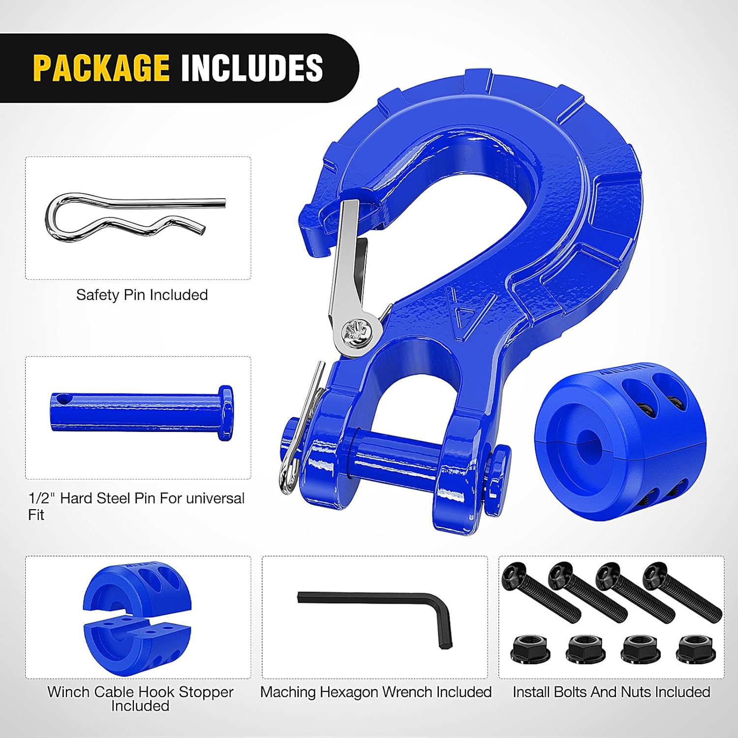 Nilight Forged Steel Winch Hook 3/8" Grade 70 Safety Latch Winch Cable Hook Stopper & Clevis Slip Hook Sets, Included Allen Wrench,Max 35,000 lbs, Blue - Image 4