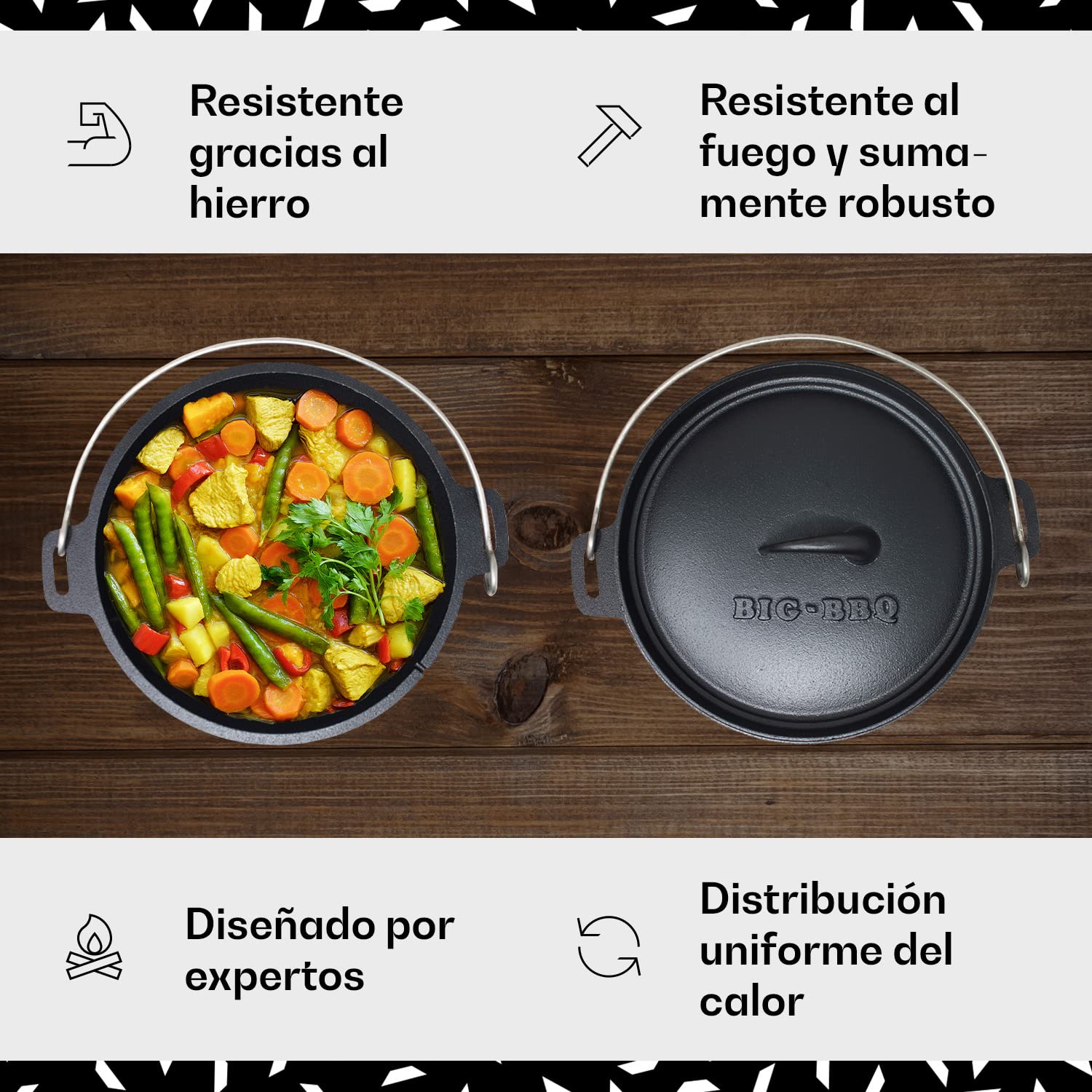 ToCi Horno Holandés de Hierro con Tapa, Olla Hierro Fundido con Capacidad de 7,2 l., Cazuela con Tapa para Horno a Prueba de Goteo, Uso Sartén para Cocina en Camping y BBQ para Brasas y Parrilla