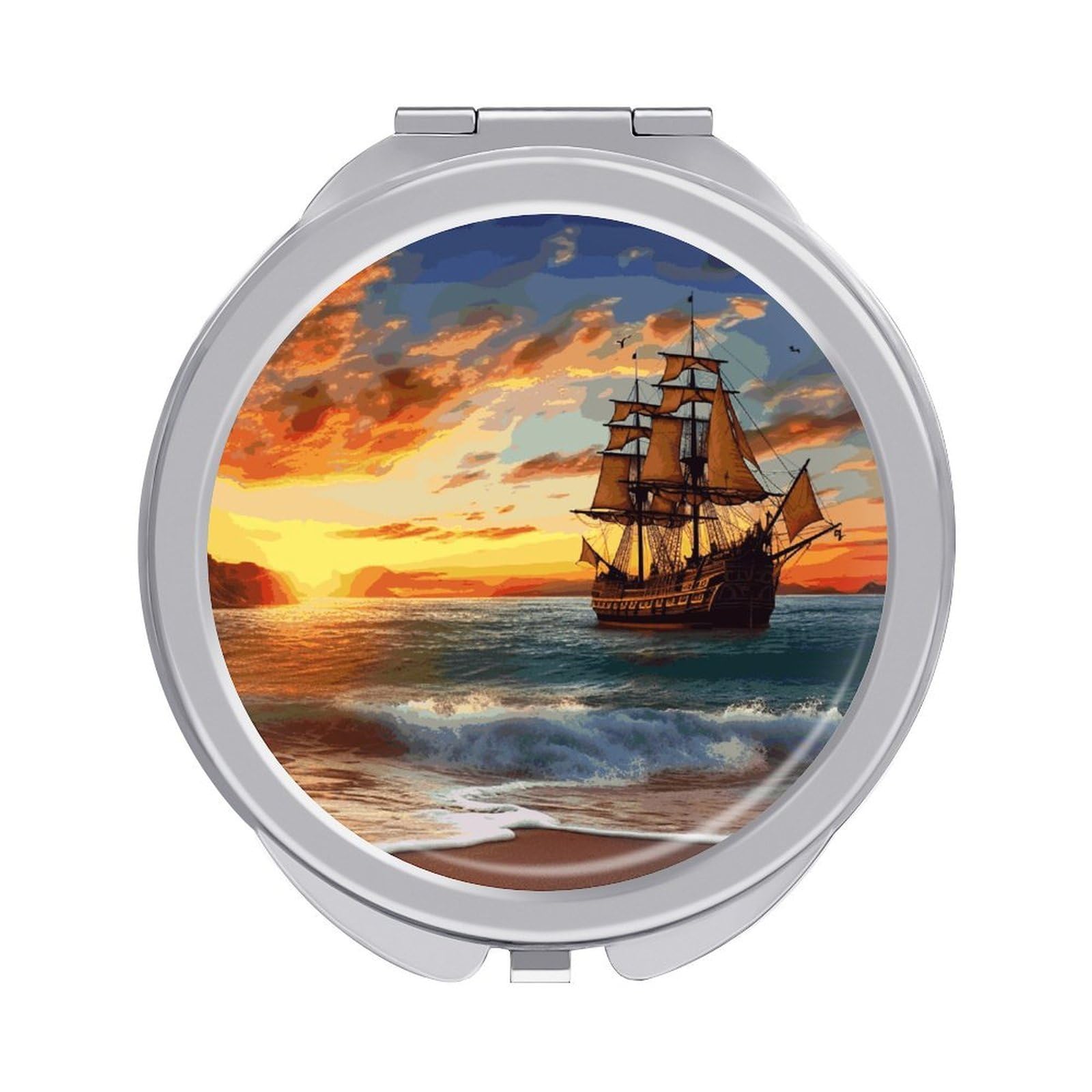JTREHY Pirate Ship in The Sunset Makeup Mirror Portable Folding Mirror Compact Travel Mirrors 2-Sided Round Pocket Mirrors Cute Handheld Beauty Mirror for Handbag Purse for Women Gift