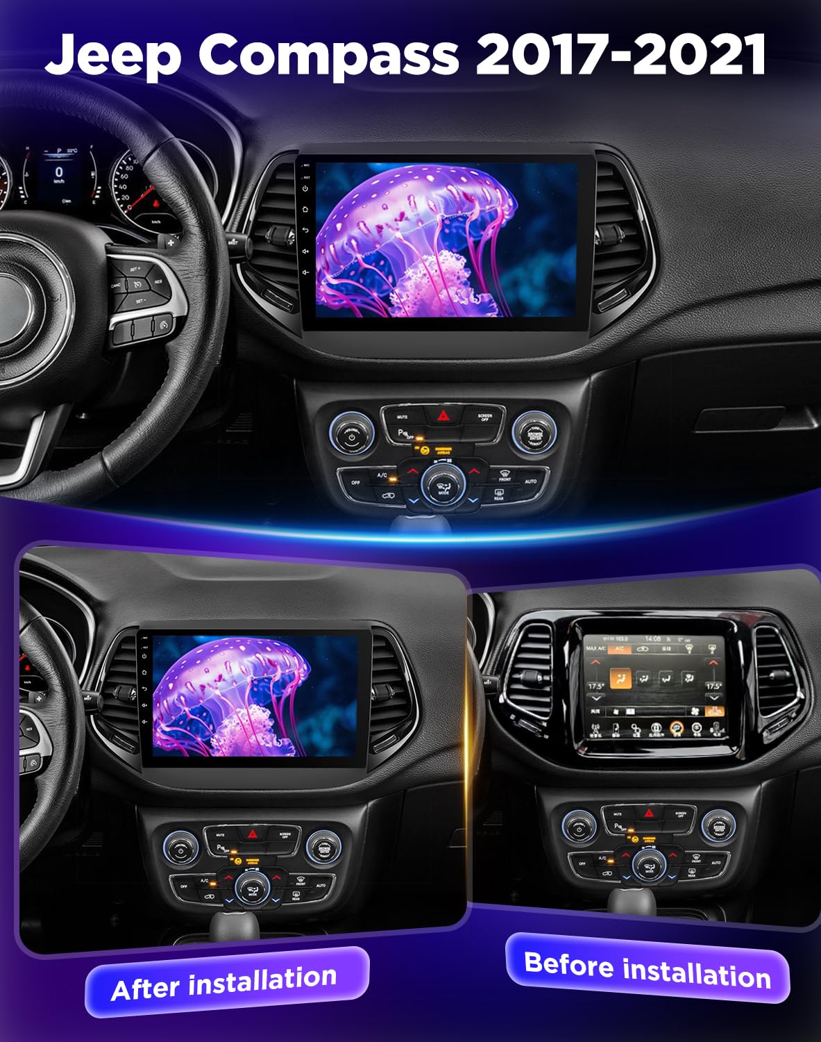 NHOPEEW Autoradio 8 Core 6+128G Android per Jeep Compass 2017-2019 con Carplay wireless e Android Auto DSP Wifi GPS Comandi al volante Vista panoramica a 360