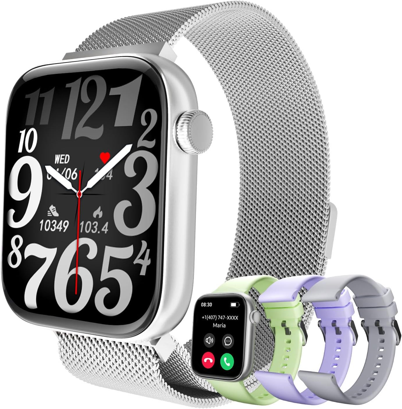 MIDDOW Smart Watches for Women Men, 1.85 Inches AMOLED Screen (Answer/Make Calls), Heart Rate / SpO2 / Sleep Monitor, Fitness Tracker with AI Voice, Compatible with iOS & Android (4 Strap)