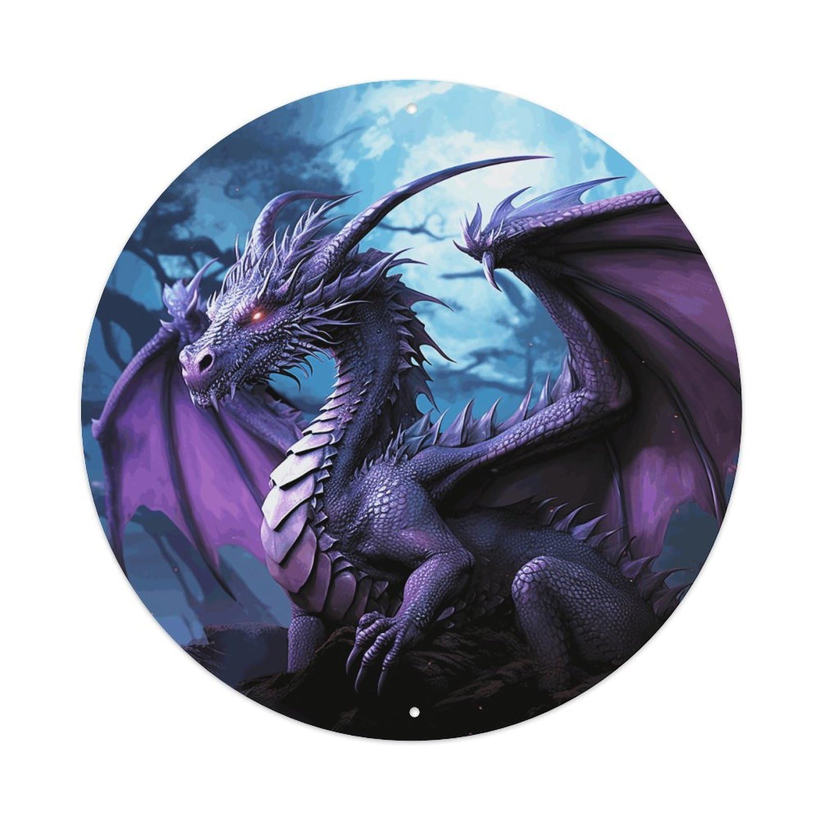 LZQPOEAS Purple Dragon Purple Moon Round Aluminum Wall Art Sign, Metal Indoor Wall Decor with Holes, Durable Circular Aluminum Plaque for Home, Bar, Cafe, Living Room, And Office Decoration