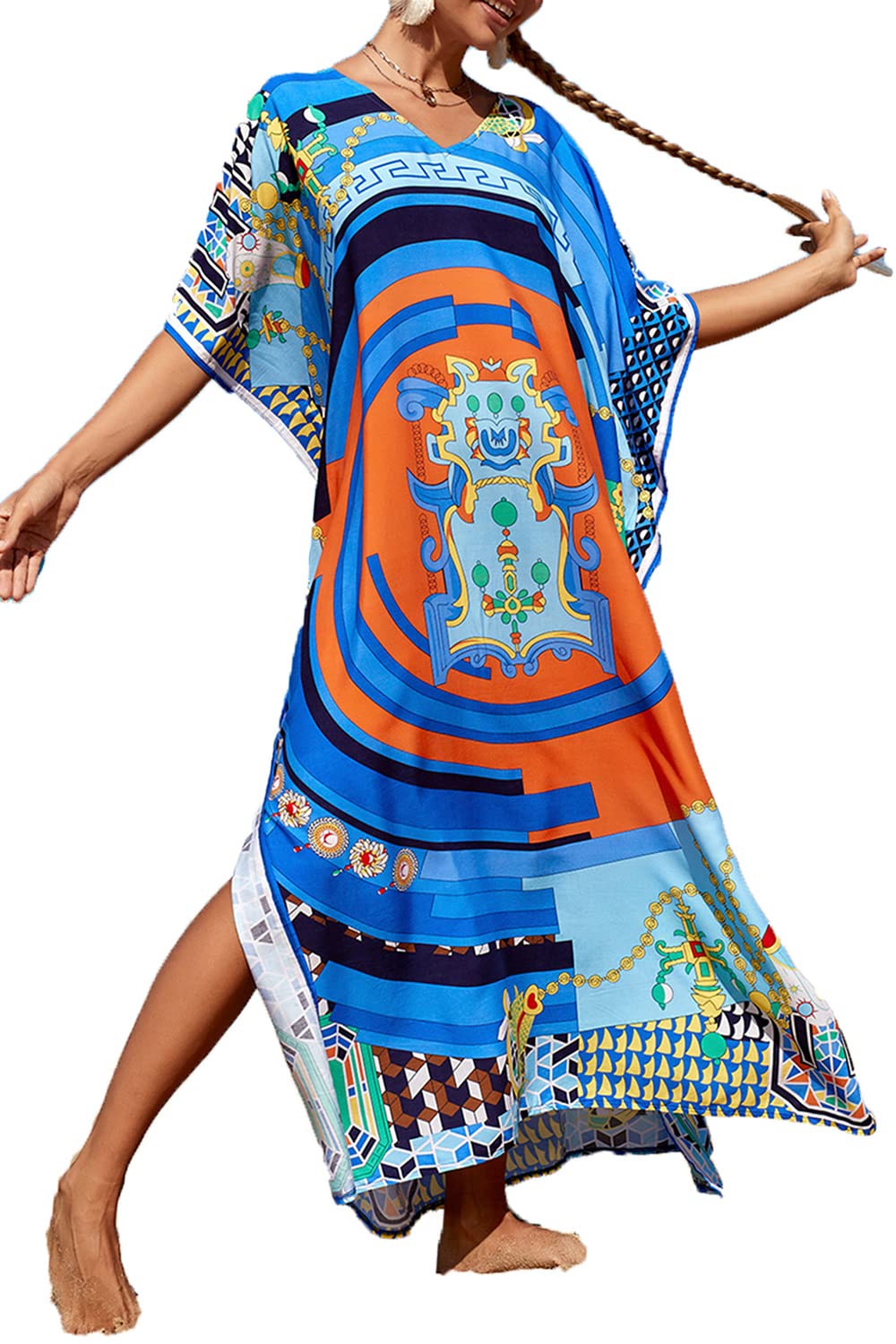 YouKD Vestido largo de caftán bohemio para mujer, vestido de playa para cubrir el traje de baño, talla grande