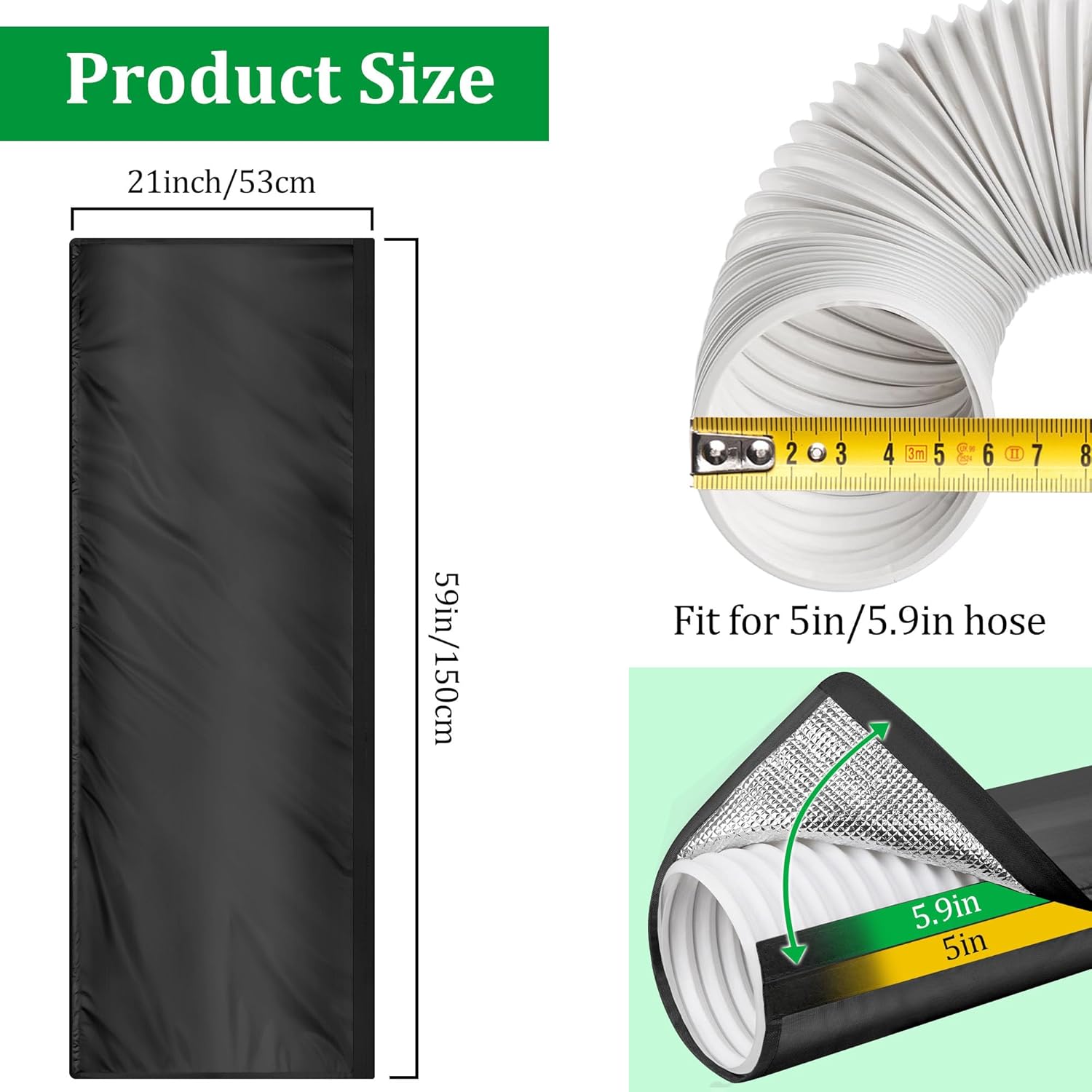 2 Packs Upgraded Portable AC Hose Insulation Sleeve, 3 Layers Insulated Air Conditioner Hose Cover Wrap with Aluminum Foil, Reduce Heat & Improve Cooling Efficiency, Fits 5" & 5.9" Exhaust Hose, Black