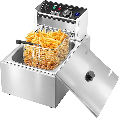 Rengue Freidora profunda con cesta y tapa, freidora de pollo de acero inoxidable para encimera de 10 l, freidora eléctrica de temperatura ajustable