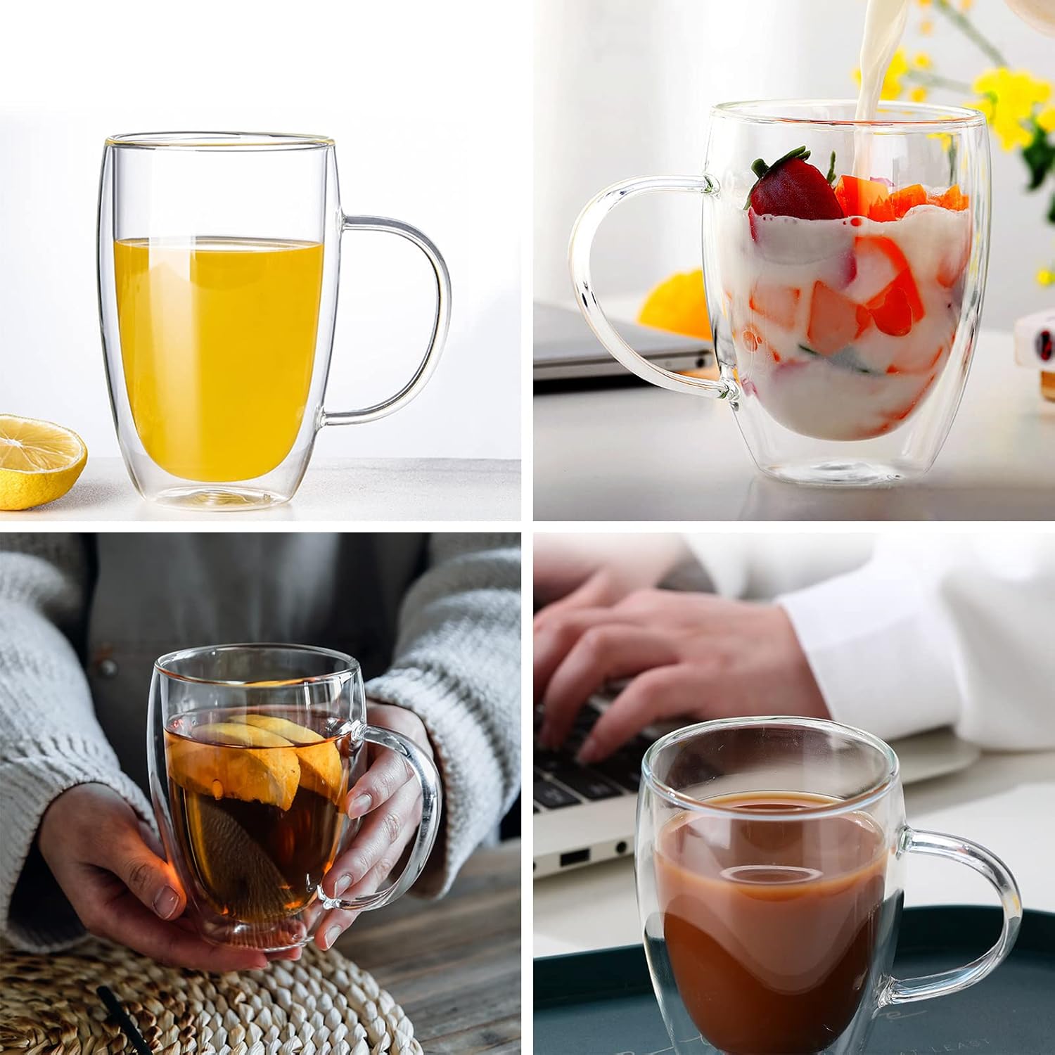 Cappuccino Glass Mugs (Set of 4) 12 Ounce Double Walled Espresso Cups with 4 Golden Spoons, Perfect for Latte, Cappuccino, Tea, or Juice