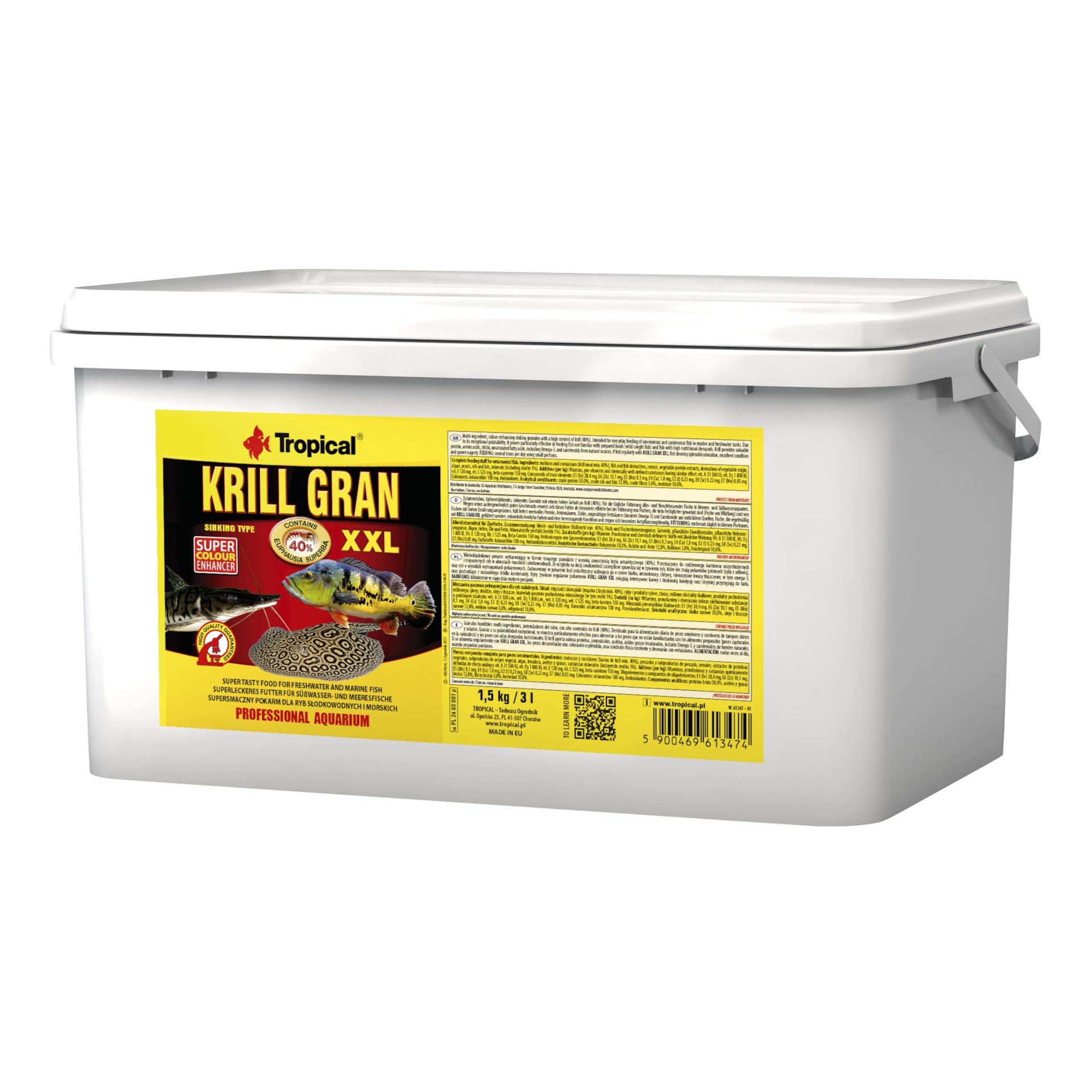 Tropical Wieloskładnikowy pokarm wybarwiający, w postaci dużego, tonącego granulatu, z wysoką zawartością kryla antarktycznego (40%) KRILL GRAN XXL 3L / 1,5kg
