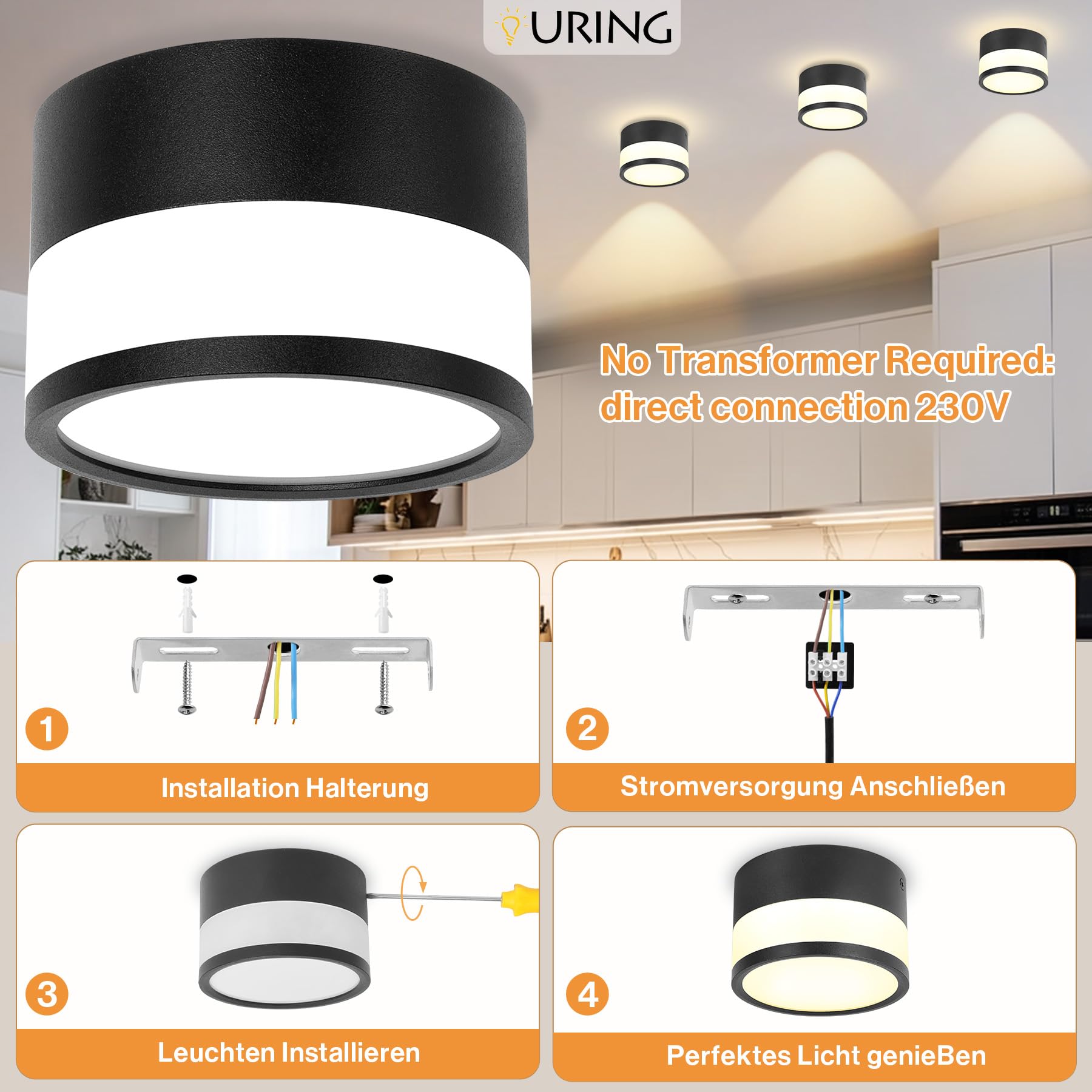 4x Spot LED Surface Dimmable, IP65 Plafonnier Spot avec Télécommande APP, 12W Spots de Plafond Noir 2700K-6500K Spot Plat Surface Aluminium 220V Rond Plafonnier Salle de Bain, Ø109mm