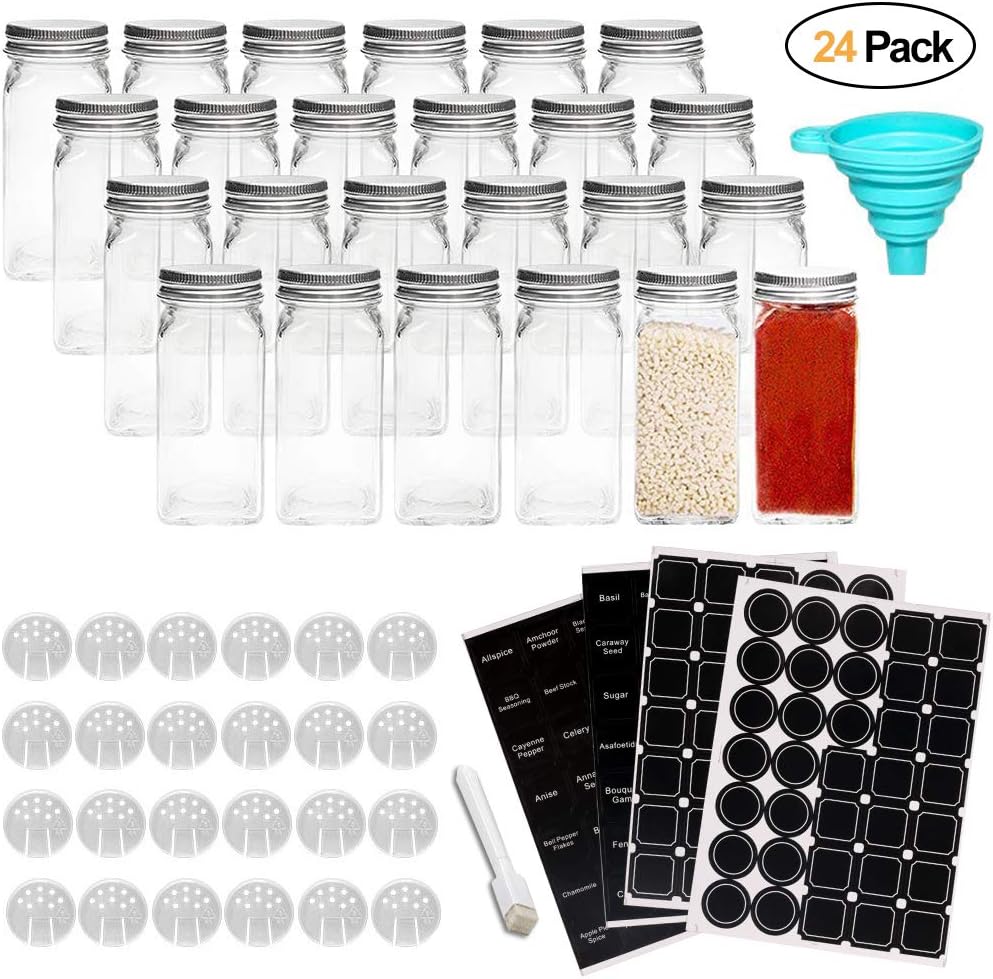 24 Glass Spice Jars- Square Glass Containers With Square Empty Jars 4oz, Airtight Cap, Chalkboard & Clear Label, Shaker Insert Tops and Wide Funnel - Complete Organizer Set