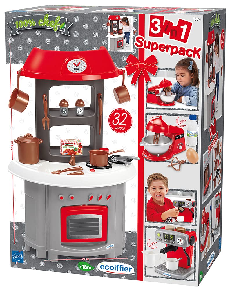 Jouets Ecoiffier - 1694 - Super Pack Cuisine 3 en 1 avec 14 Ustensiles Inclus et Accessoires - Jeu d'imitation - Dès 18 Mois - Fabriqué en France