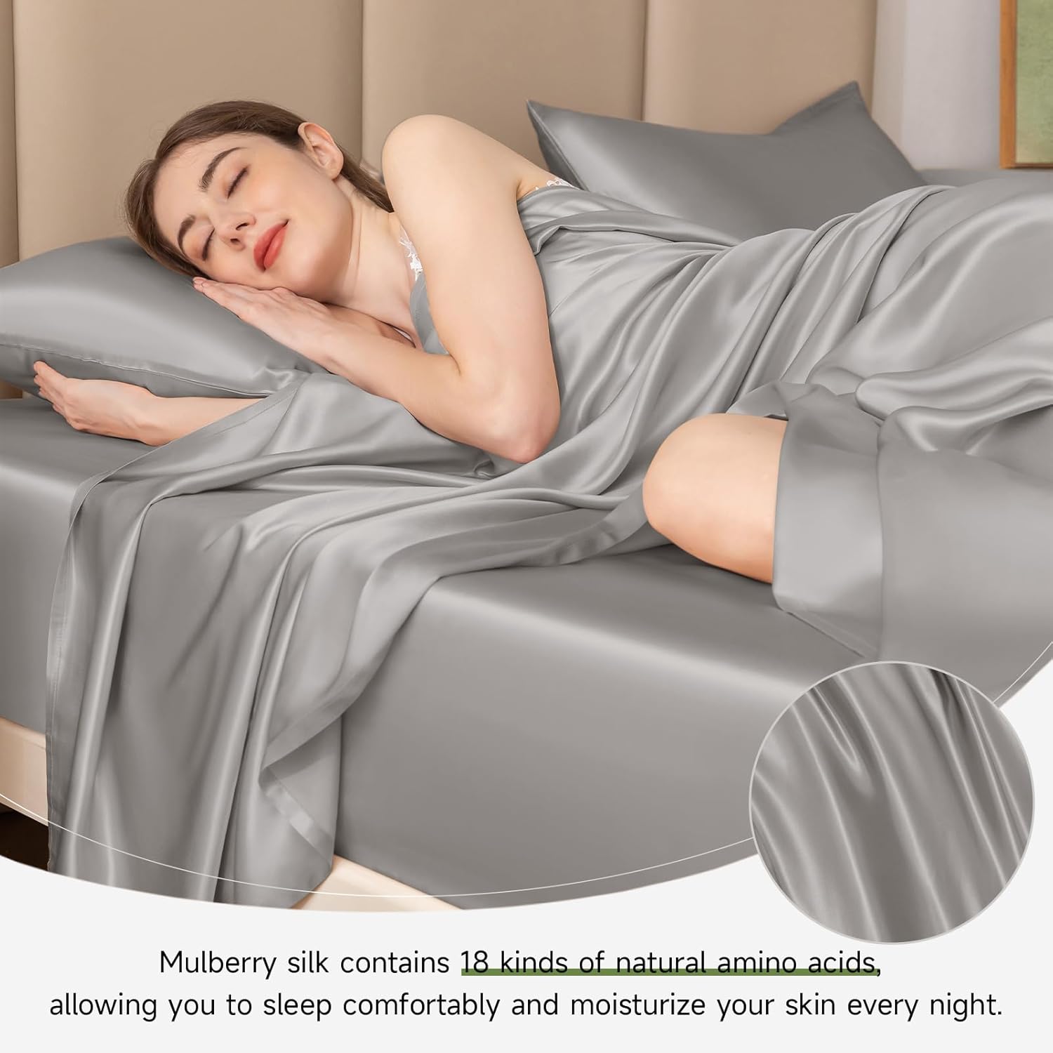 THXSILK 22 Momme 1 Pcs Silk Flat Sheet, 100% Top Grade Pure Mulberry Silk Bed Sheet Breathable Cooling Ultra Soft Bedding Durable (Queen, Grey)