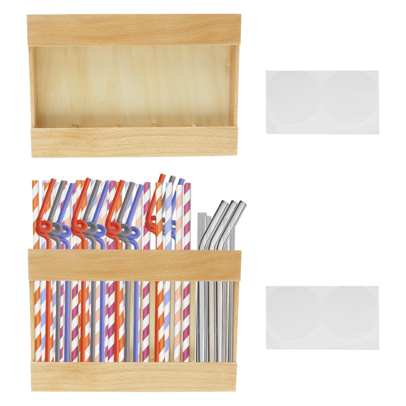 Vavpup Natural Wood Color 2Pcs Straw Holder - Wall Mounted Tumbler Organizer With Two Round Tabs - Cupboard Drinking Dispenser - Glass Case For Kitchen Counter Cabinets(2Pcs)