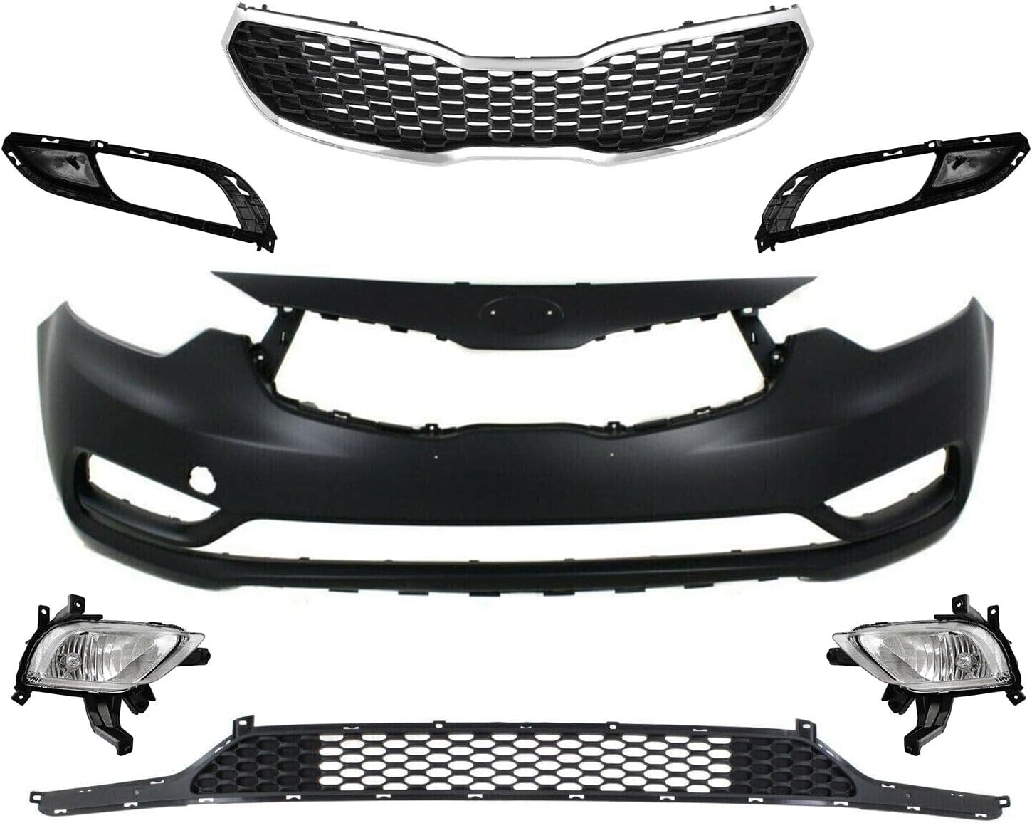 Complete Front Bumper Grille Set W/Fog Lamp Replacement For 2014-2016 Kia Forte Korea Built