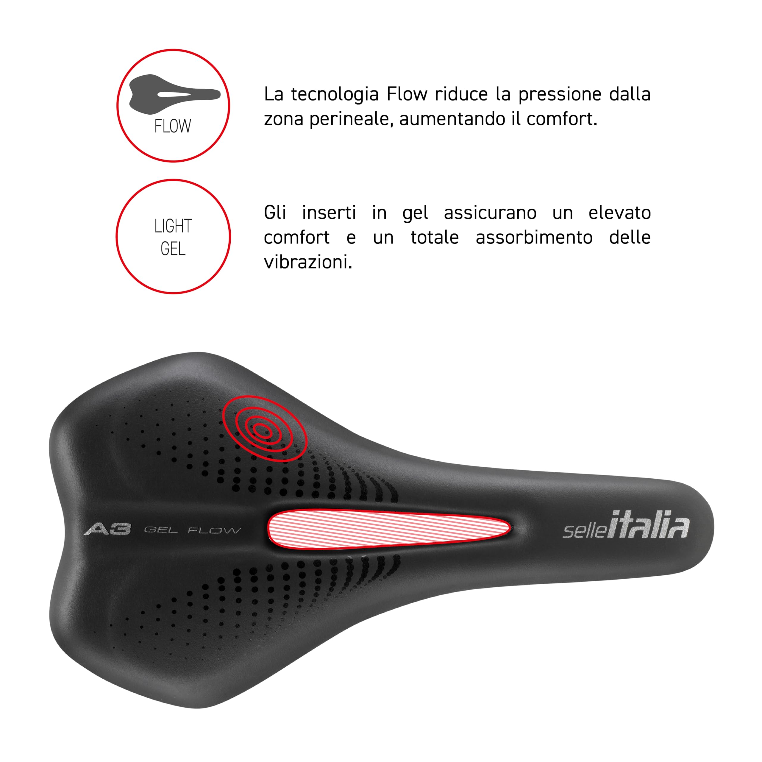 Selle Italia A3 - Sella Bici da Strada Comoda, Imbottitura in Gel, Foro Anatomico Flow, Impermeabile ed Ergonomica