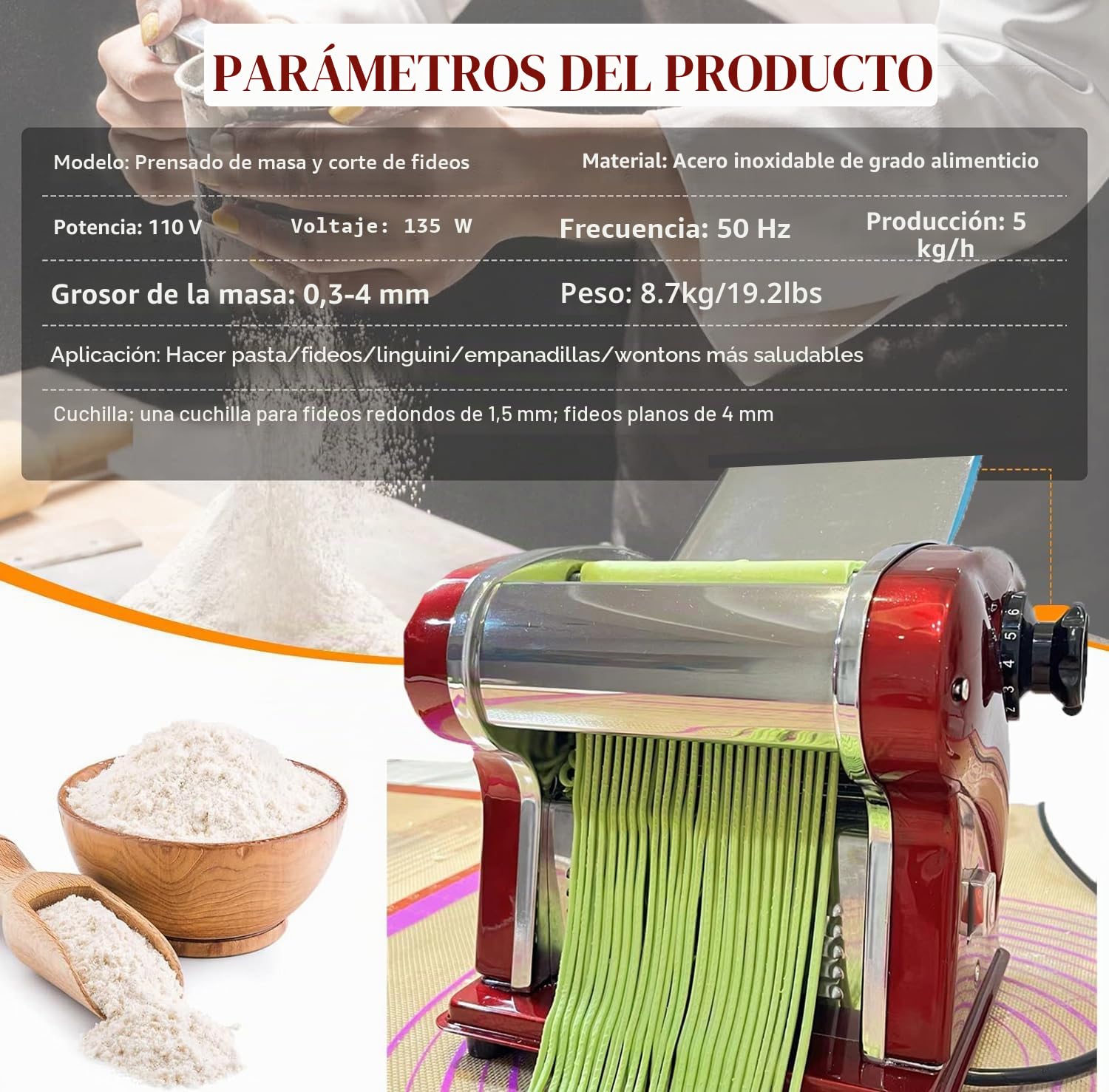 Máquinas Eléctricas Para Pasta - Fabricante de Fideos con Rodillo y Doble Cuchilla de Acero Inoxidable - 1.5mm (Redondo) y 4mm (Plano) - Para Uso Doméstico y Comercial