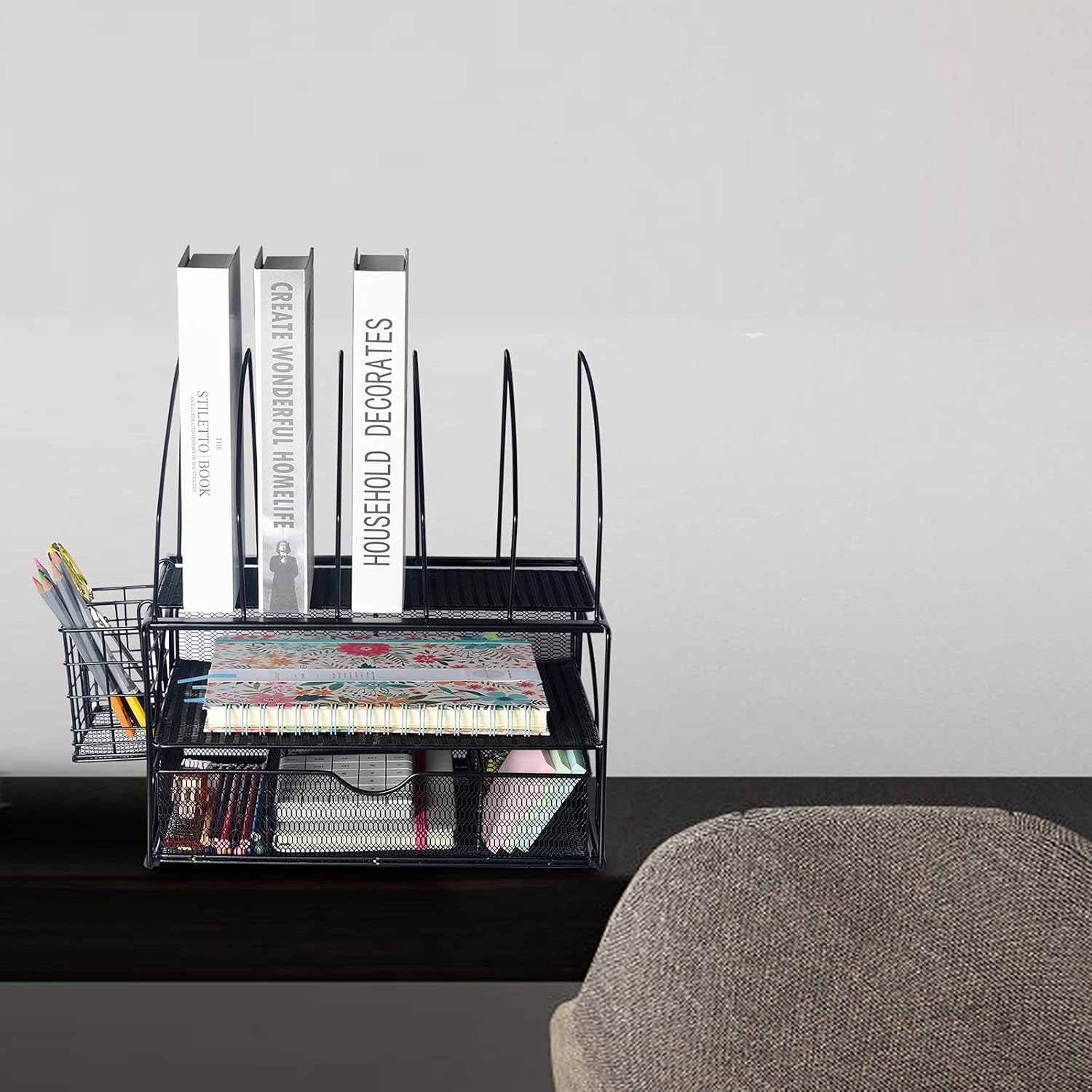 Desk-File Organizer and Desk Workspace Accessories Desktop File Holder Folders Rack Mail sorters with Hanging Pencil /Pen Holder and Drawer for Office Supplies, Paper, Device and Folder, DO501 Black : Office Products