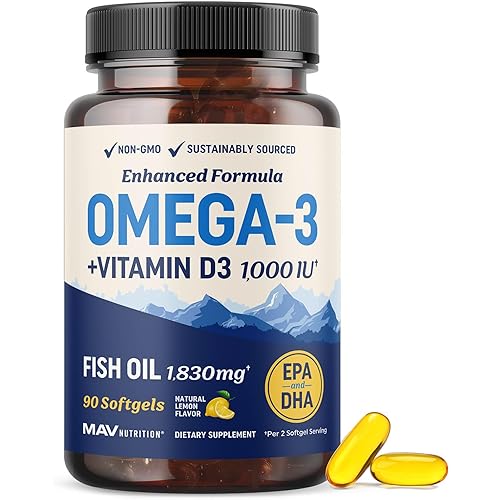 Omega 3 Fish Oil with Vitamin D3 | 1280MG Omega3 + 1000IU VIT D3 for Heart, Immune & Bone Health Support | EPA DHA Omega 3 Supplement | Sustainably Sourced, Non-GMO Fish Oil Vitamin D | 90 Softgels