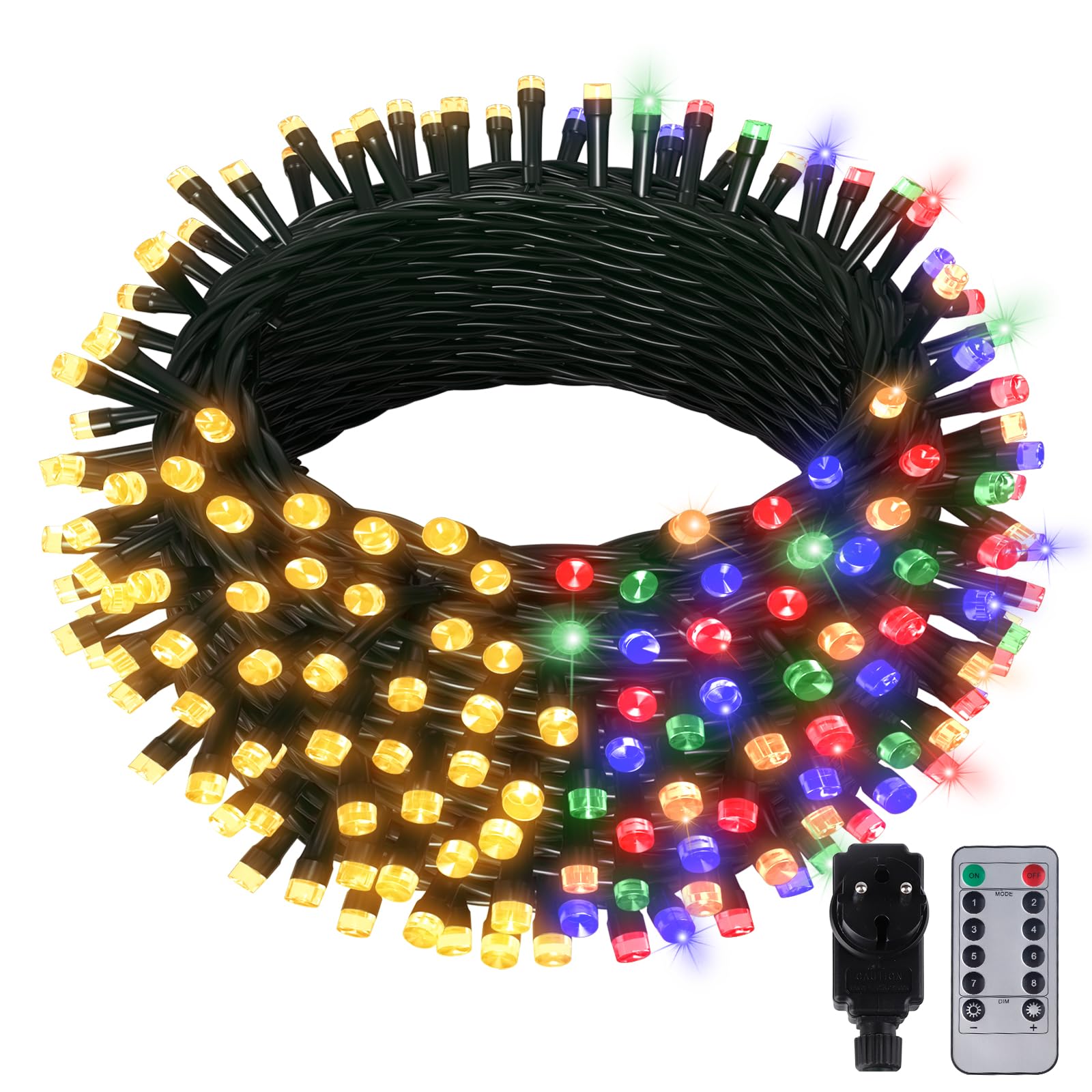 Luces Navidad 30M 300 LED, Blanco Cálido/Coloridas Cadena de Luces Exterior Interior Guirnalda Luces Árbol Navidad Impermeable 8 Modos Guirnalda Luces Cadena Luz Regulable Decor para Navidad