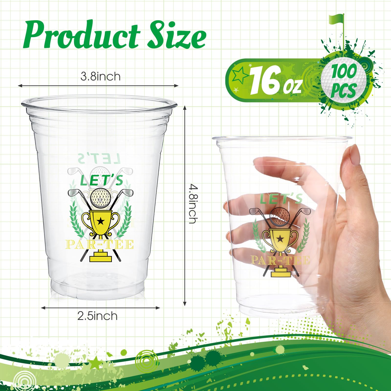 100 vasos de plástico a granel de 16 onzas, vasos desechables transparentes para bebidas frías, cerveza, aperitivos, caramelos para suministros de fiesta temática, regalos de decoración (golf