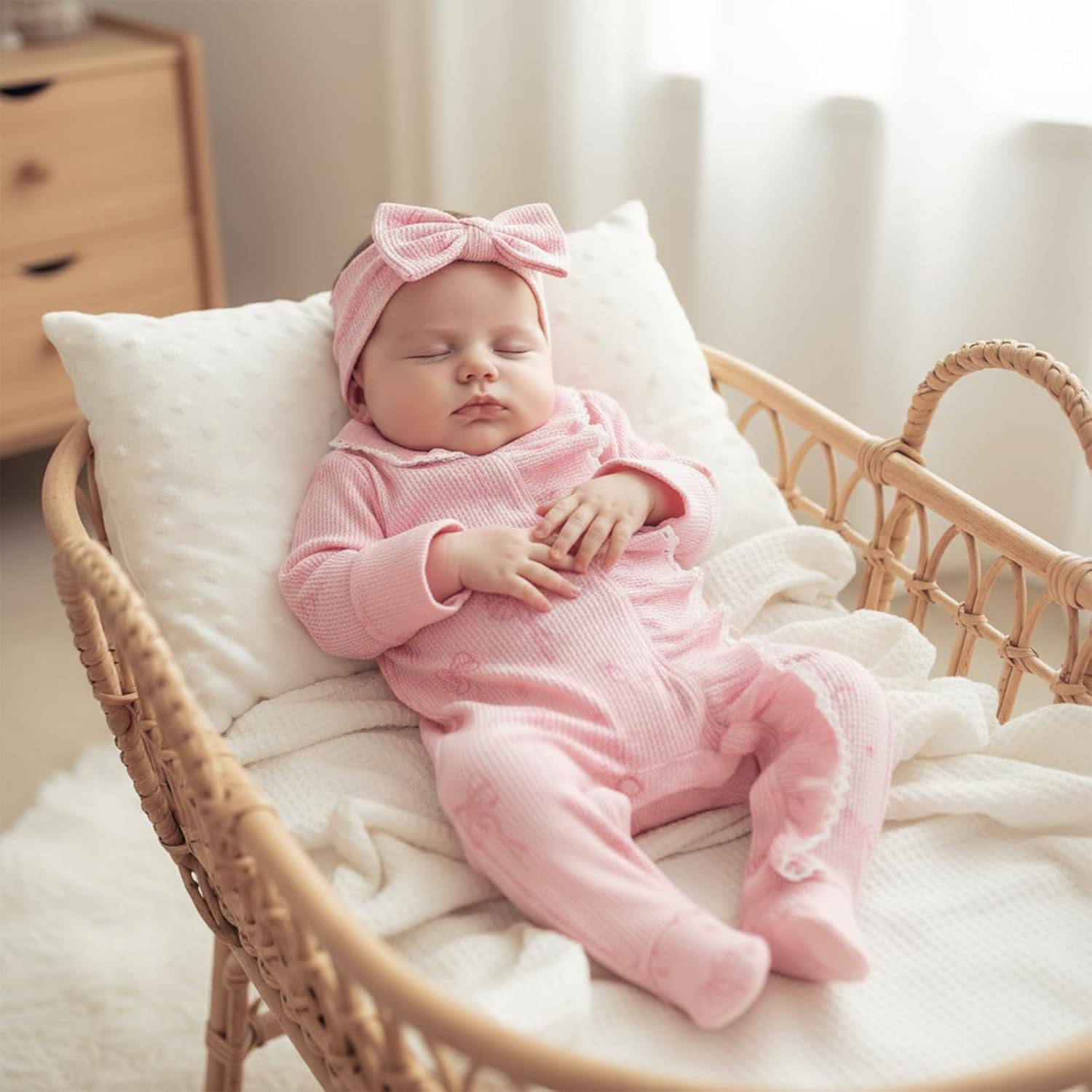 allshope Newborn Baby Girl Fall Outfit Romper Footies Waffle Bow Zip Up Footed Jumpsuit Ruffle Trim Infant Clothes - Image 5