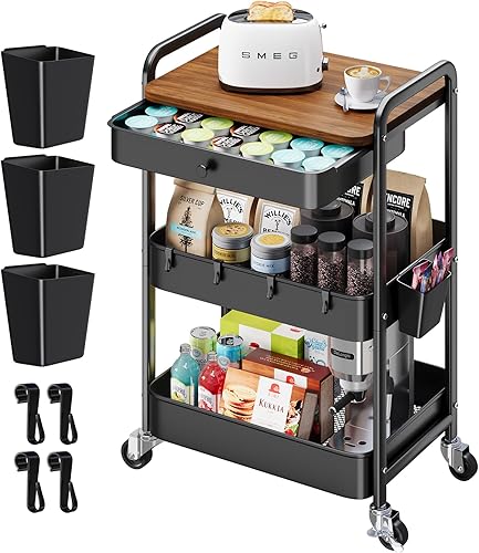 3 Tier Metal Rolling Cart with Wooden Table Top and Drawers, Black Utility Storage Cart on Wheels, Three Tiered Art Carts Organizer for Craft, Baby