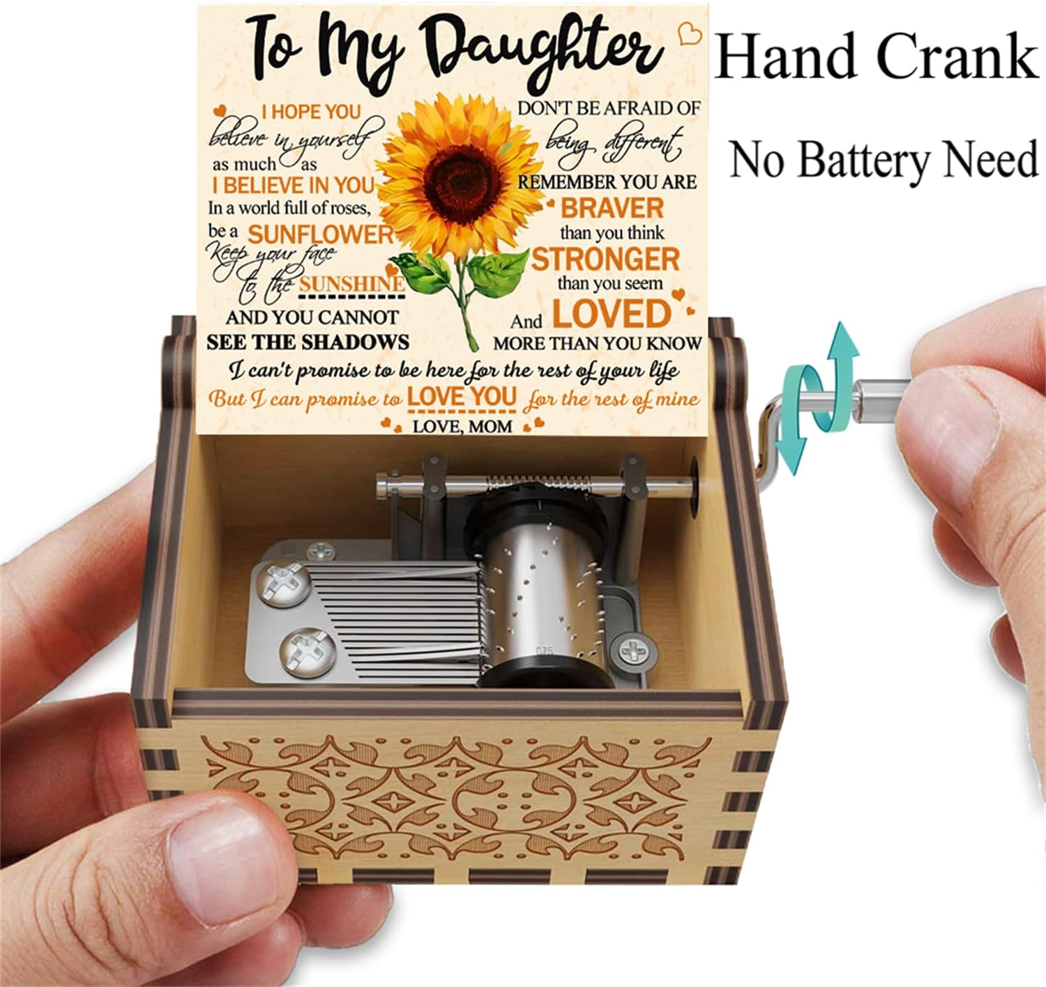 Engraved Hand Crank Wood Music Box You are My Sunshine Gift for Daughter from Dad Sunflower Color Mini Music Box for Christmas/Valentine's Day/Thanksgiving/Birthday