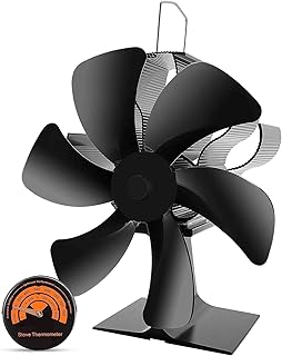 Ventilador para estufa de leña, ventilador estufa con 6 aspas,Ventilador para chimenea con termómetro magnético, Ventilador no eléctrico para estufa de leña/gas/Pellets
