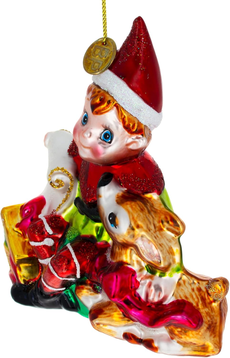 Elf and Deer Glass Christmas Ornament - Image 2