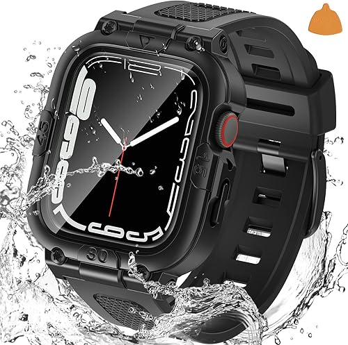 Goton Estuche impermeable 3 en 1 con correa para Apple Watch con protector de pantalla de vidrio templado incorporado de 41 mm, cubierta frontal