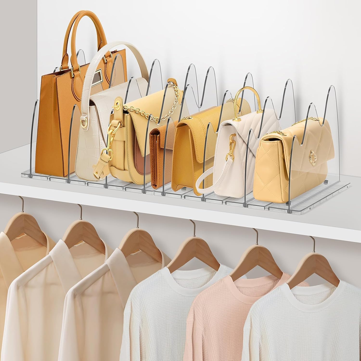 Purse Organizer Closet, Adjustable Shelf Divider for Closet, Acrylic Handbag Organizer, with 4 Anti-Slip Pads, Purse Storage Suitable for Bedroom Clothing Storage, Bookshelf, Kitchen, Office(8LAYER)