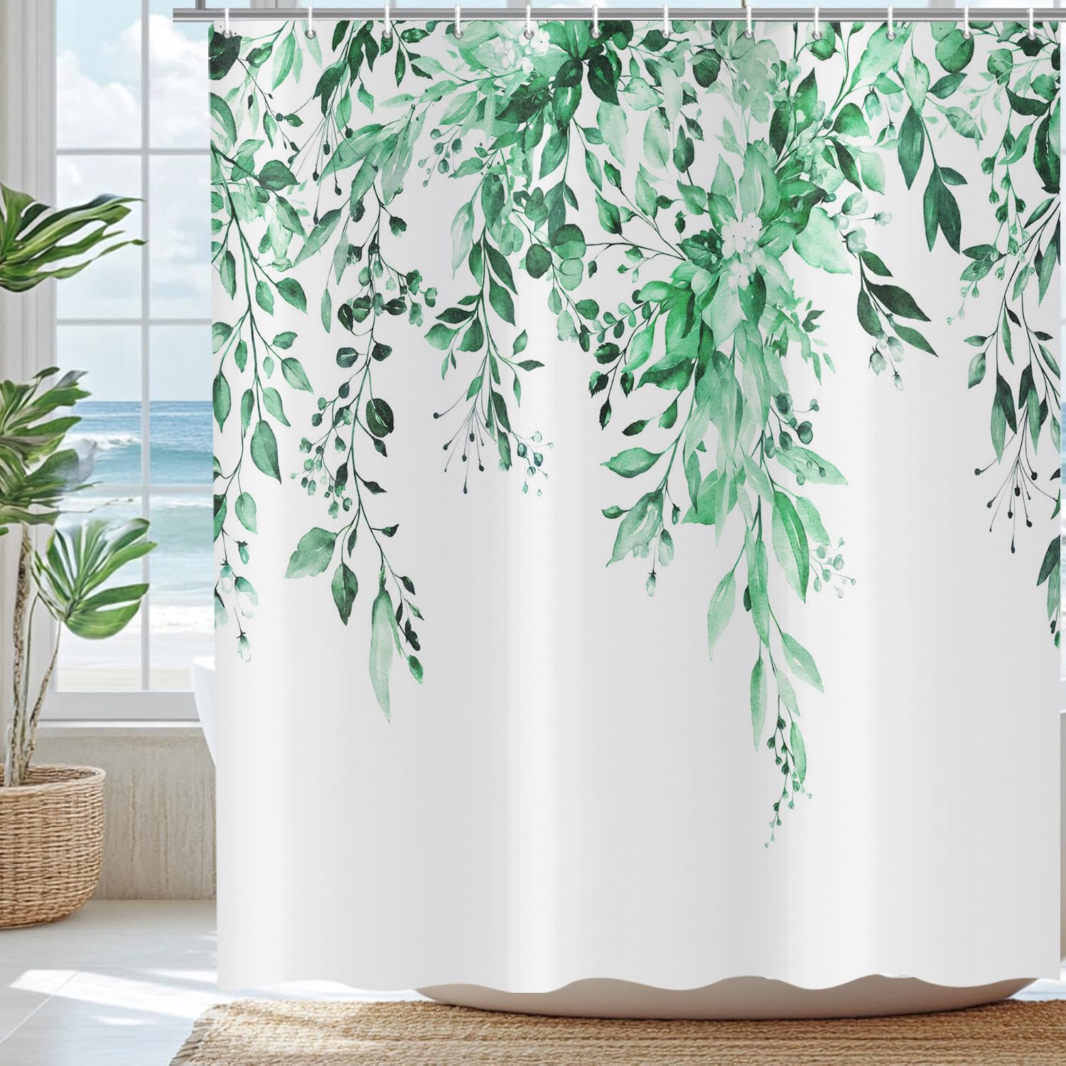 ASDCXZ Emerald Green Eucalyptus Shower Curtain 240x180 cm, Spring Watercolor Leaves with Floral Plants Waterproof Bath Curtain Polyester Textile Washable Shower Curtains for Bathtub with 16 Hooks