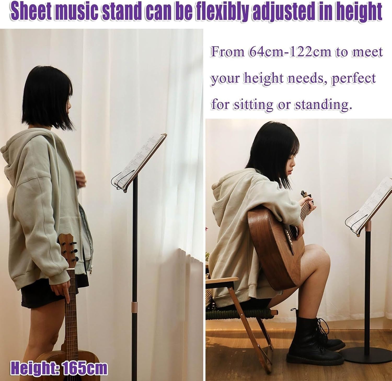 Wooden Music Sheet Stand, 40 * 30cm Music Book Stand, Guitar/Violin/Ukulele Music Stand, Station for Conductors, Height Adjustable 64-122cm, Reading Rack, Wood Color