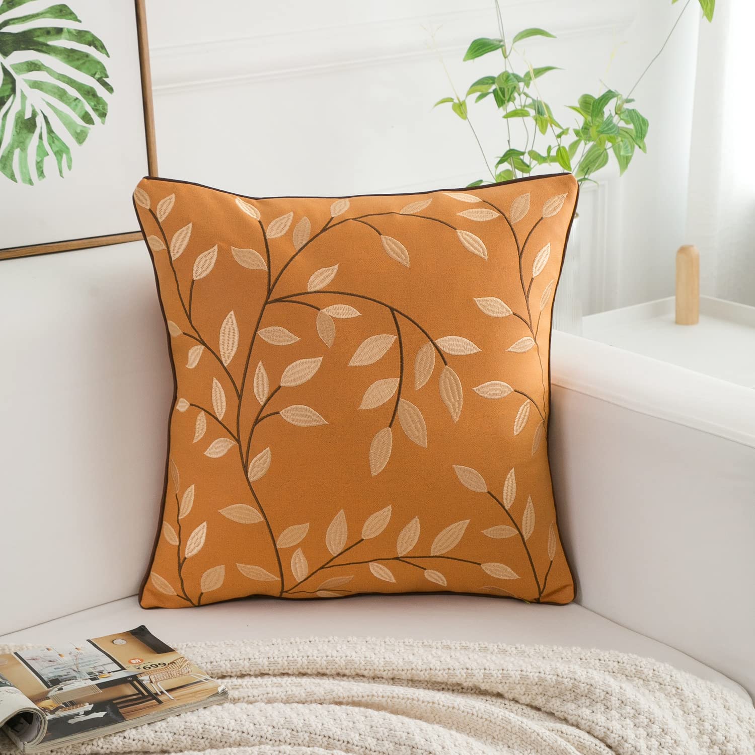 Cushion Covers Throw Pillows Case with Embroidery Leaf Bedroom Sofa Garden Chair Couch Bench Decor 45x45cm