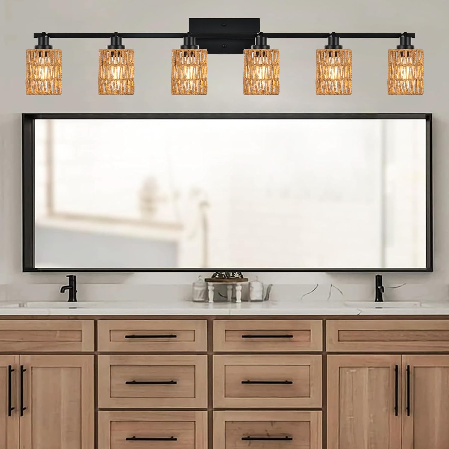 MELUCEE Ceiling Track Lighting Kits 6 Light Farmhouse Bathroom Light Fixtures with Flexibly Rotatable Light Head, Black Spotlights with Rattan Lamp Shade for Hallway Porch Foyer Bath