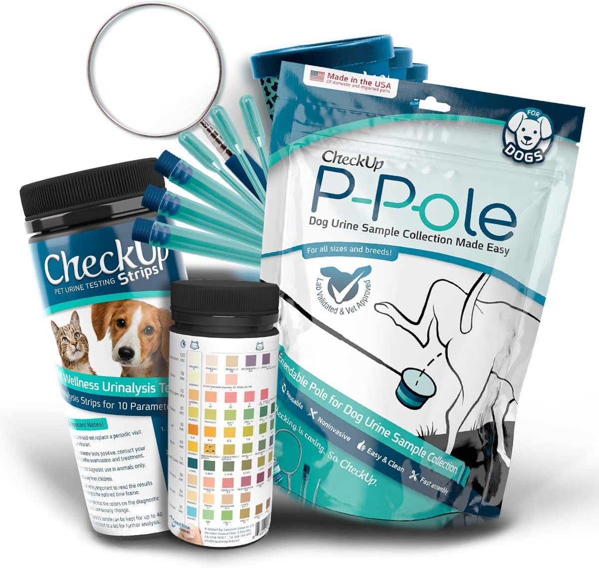 KIT4CAT P-Pole & Test Bundle - P-Pole Telescopic Pole, Cups, Pipette and Vial for Dog Urine Collection with CheckUp 10 Parameters Testing Strips x 50