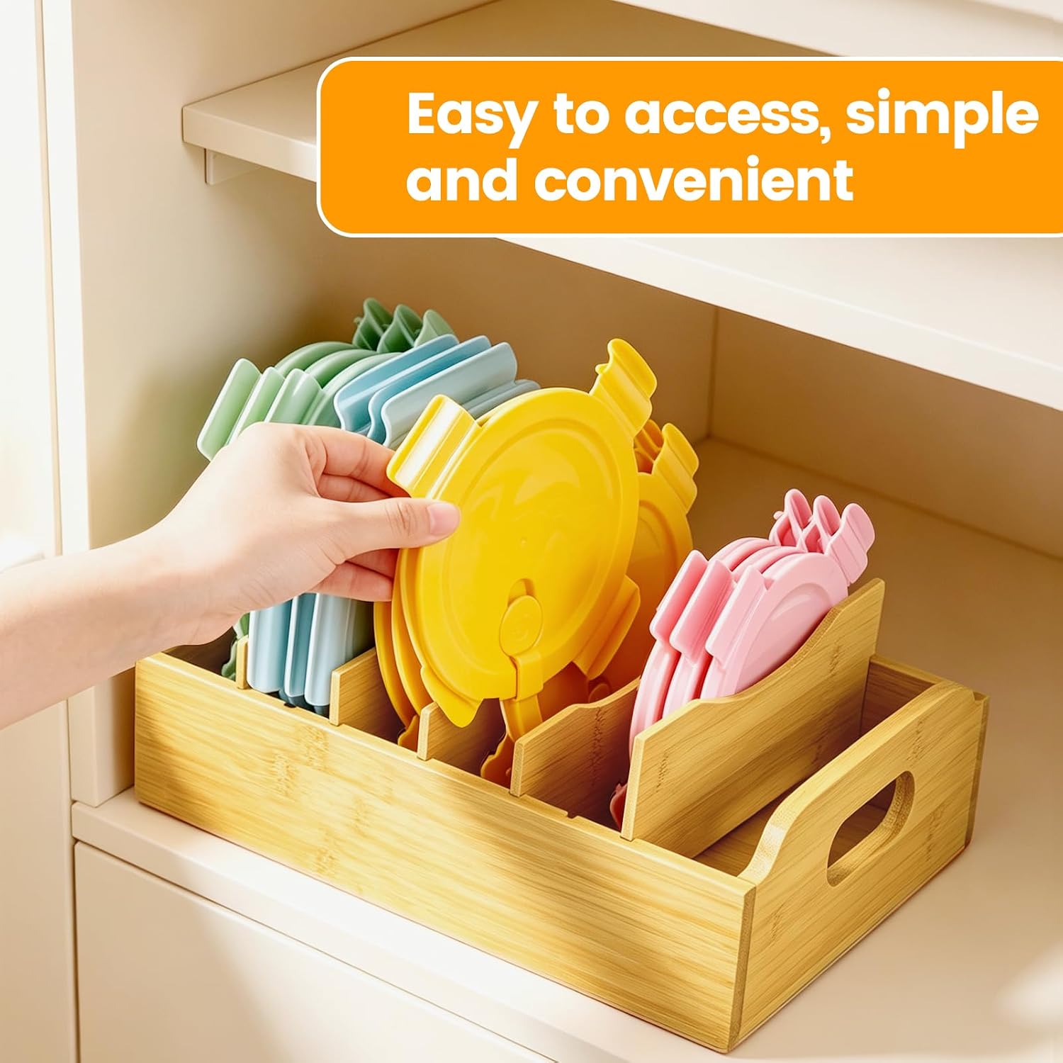 Artcochan Bamboo Lid Organizer, 13.2" x 10"Food Storage Container Lid Holder with 5 Adjustable Dividers, Kitchen Storge and Organization Rack for Cabinet Drawer and Countertop