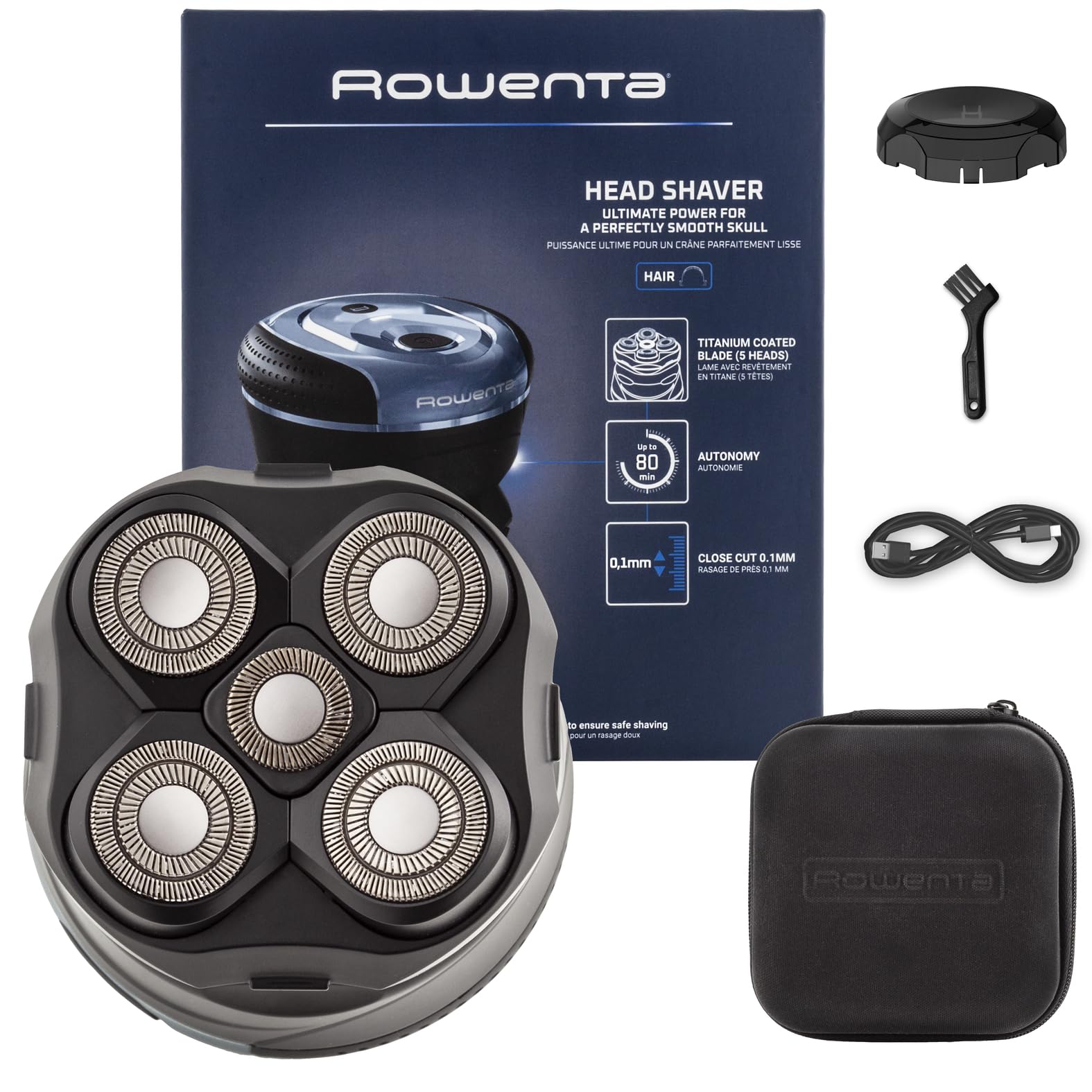 Rowenta Barber Experience, Afeitadora de Cabeza, 5 cabezales con cuchillas de recubrimiento de titanio, apura hasta 0,1 mm, autonomía de 80 min, resistente al agua, neceser de viaje, TN3110E0