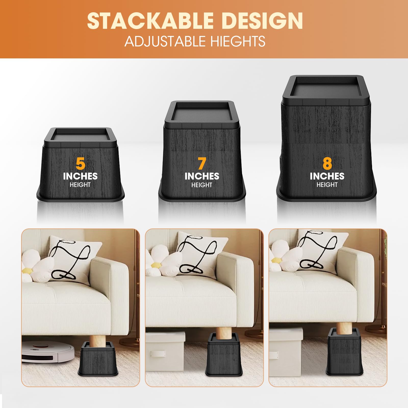 MYMULIKE Rialzi per letto da 12,7 cm, sovradimensionati per gambe fino a 14 cm, supporto resistente 2721,6 kg, impilabili, robusti sollevatori per dormitori universitari, divani, tavoli, scrivanie
