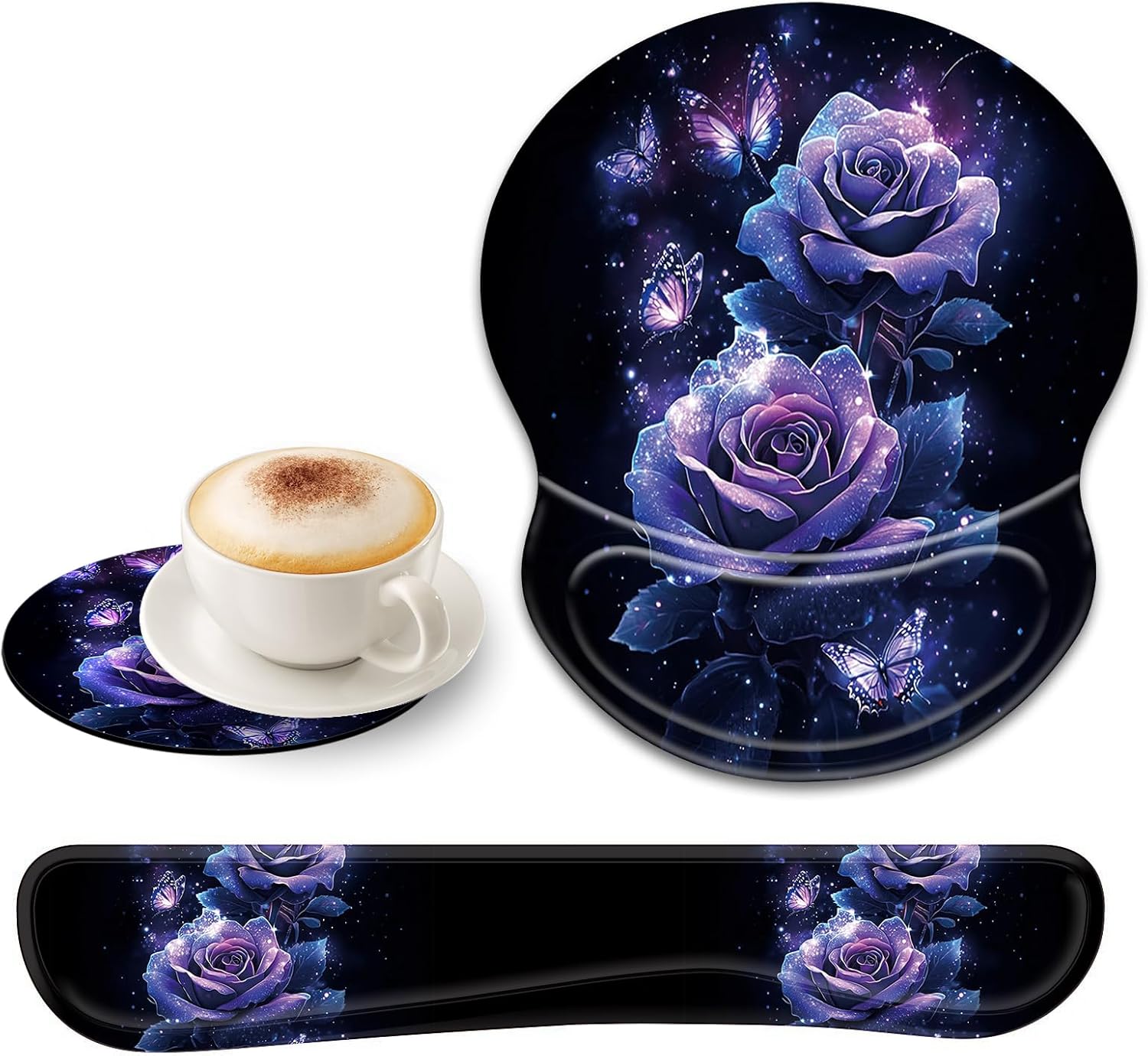 Bxgolkgd Ergonomic Gel Mouse Wrist Rest Pad and Keyboard Pad Set,Anti-Slip PU Bottom Easy Typing and Relieve Wrist Pain with Cute Coaster Set (3-Purple Butterfly Rose)
