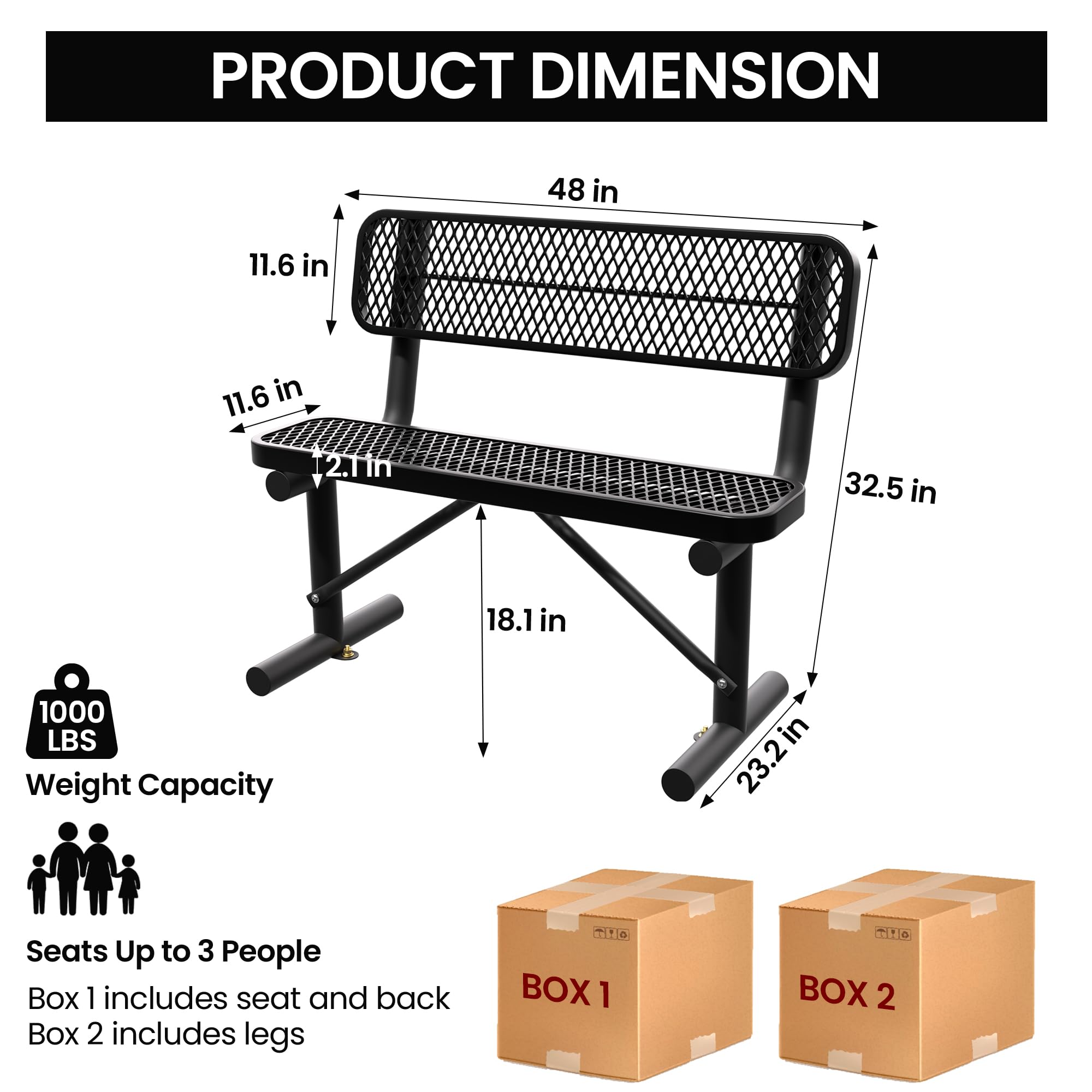 Sunnibety 4 Feet Heavy Duty Metal Park Bench for Outside, Outdoor Bench with Backrest & Portable Frame, Commercial Benches for Shopping Malls, Stores, Parks, Patios, Decks, Black