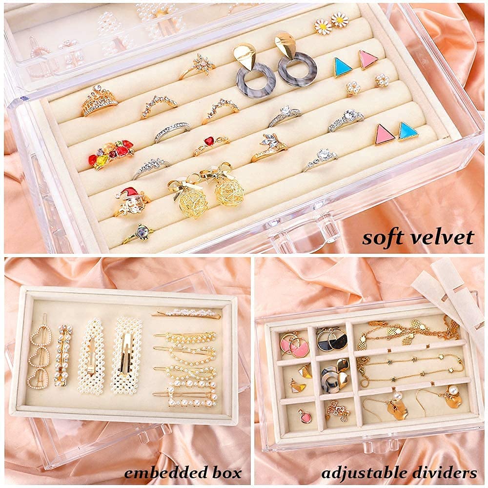 Acrylic with 4 Drawers Velvet Jewellery Storage Box Transparent Jewellery Storage Box for Women (Grey) (Gray) (White) (Beige)