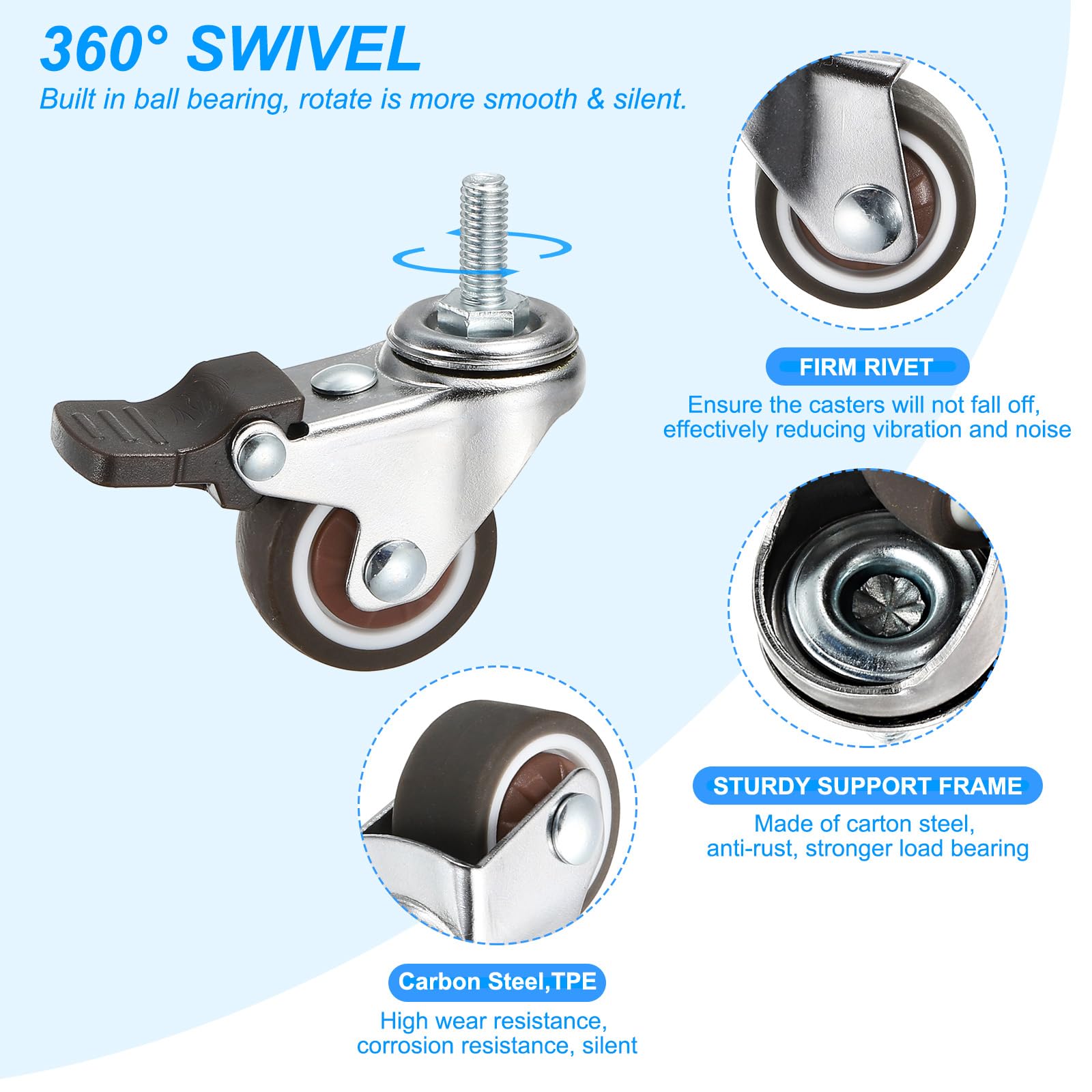 PATIKIL 1.25 Inch Swivel Caster Wheels with Brake - Image 3