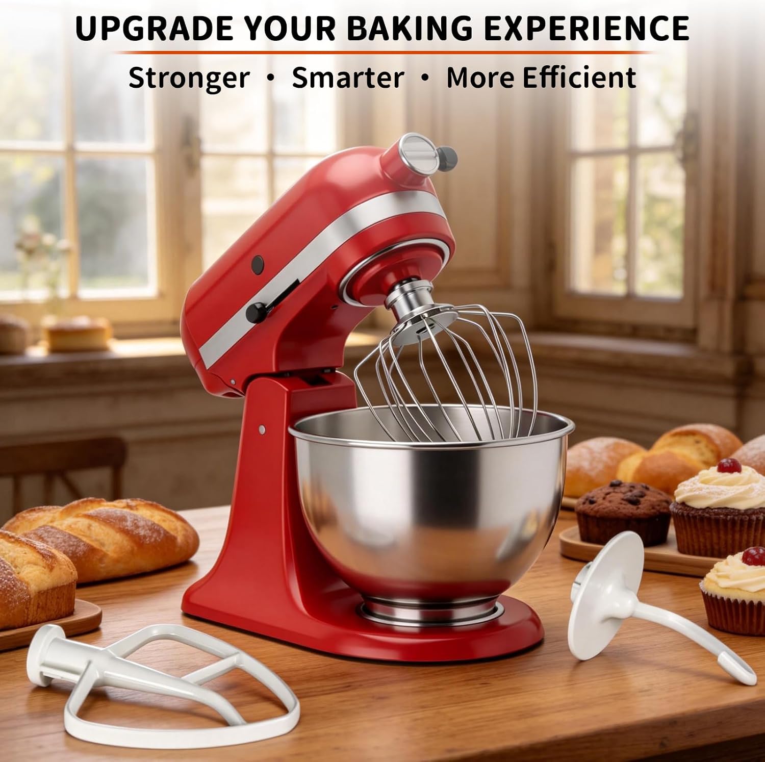 3-Piece Kit Stand Mixer Attachments Set for KitchenAid, Reinforced Stainless Steel Wire Whip & Upgraded Coated Flat Blade Paddle & Dough Hook, Fit for Kitchenaid 4.5-5QT Tilt-Head Stand Mixers